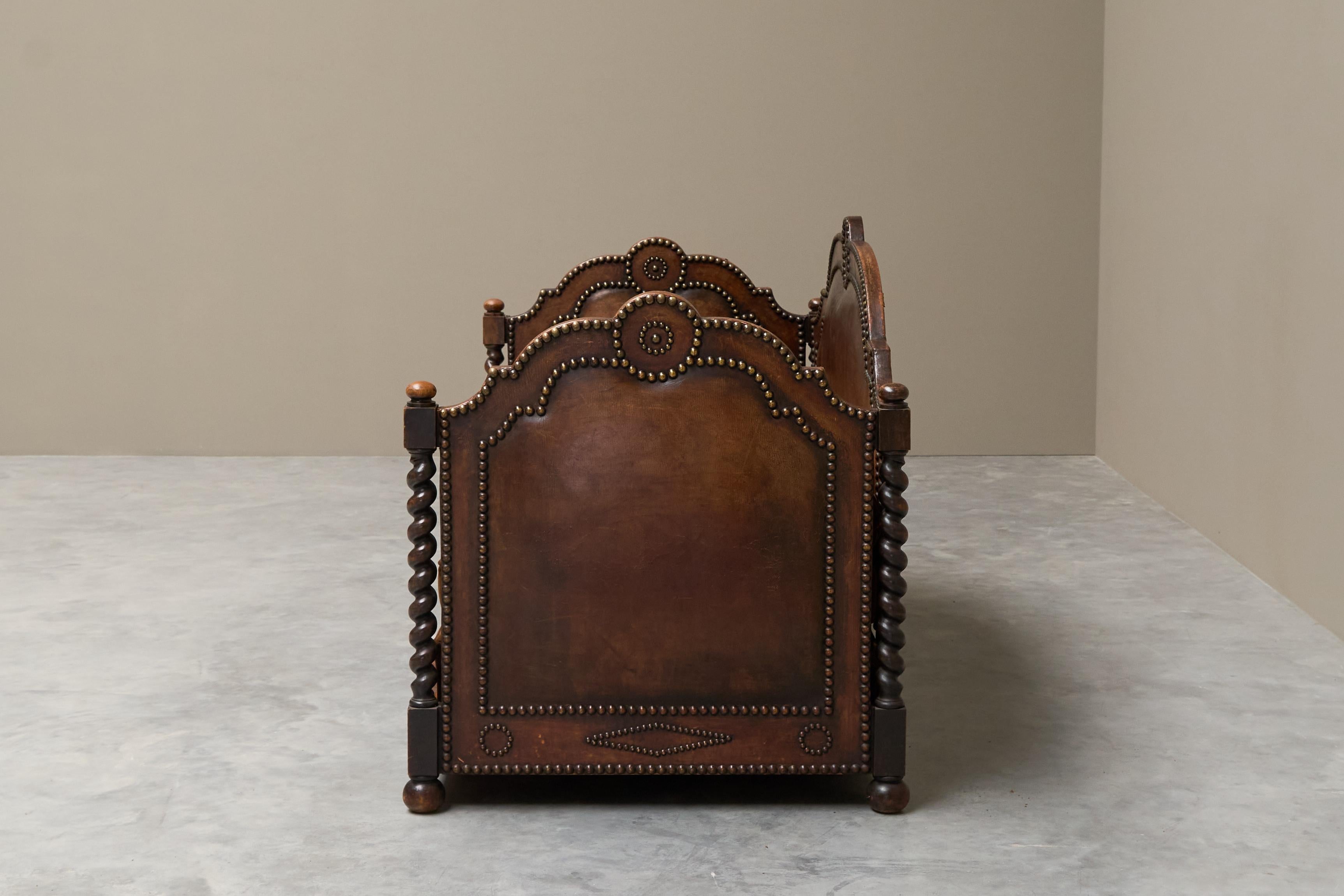 Monumental Sofa in Patinated Brown Leather, Studs and Velvet Late 19th Century For Sale 3