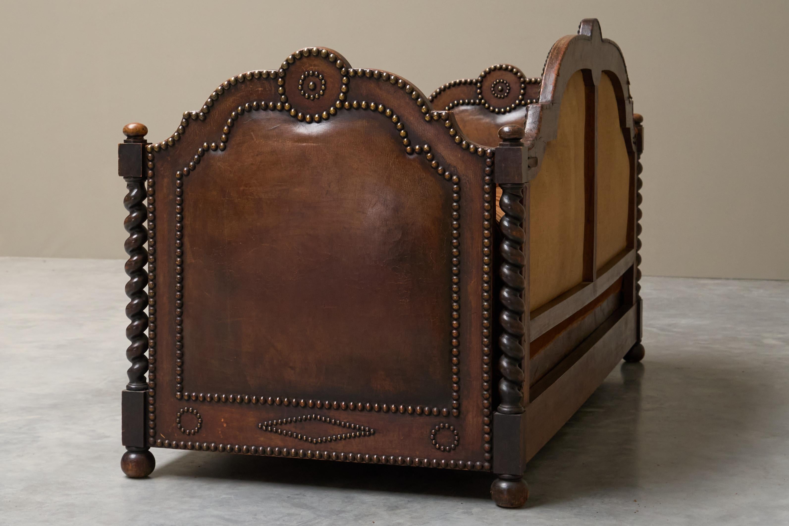 Monumental Sofa in Patinated Brown Leather, Studs and Velvet Late 19th Century For Sale 8
