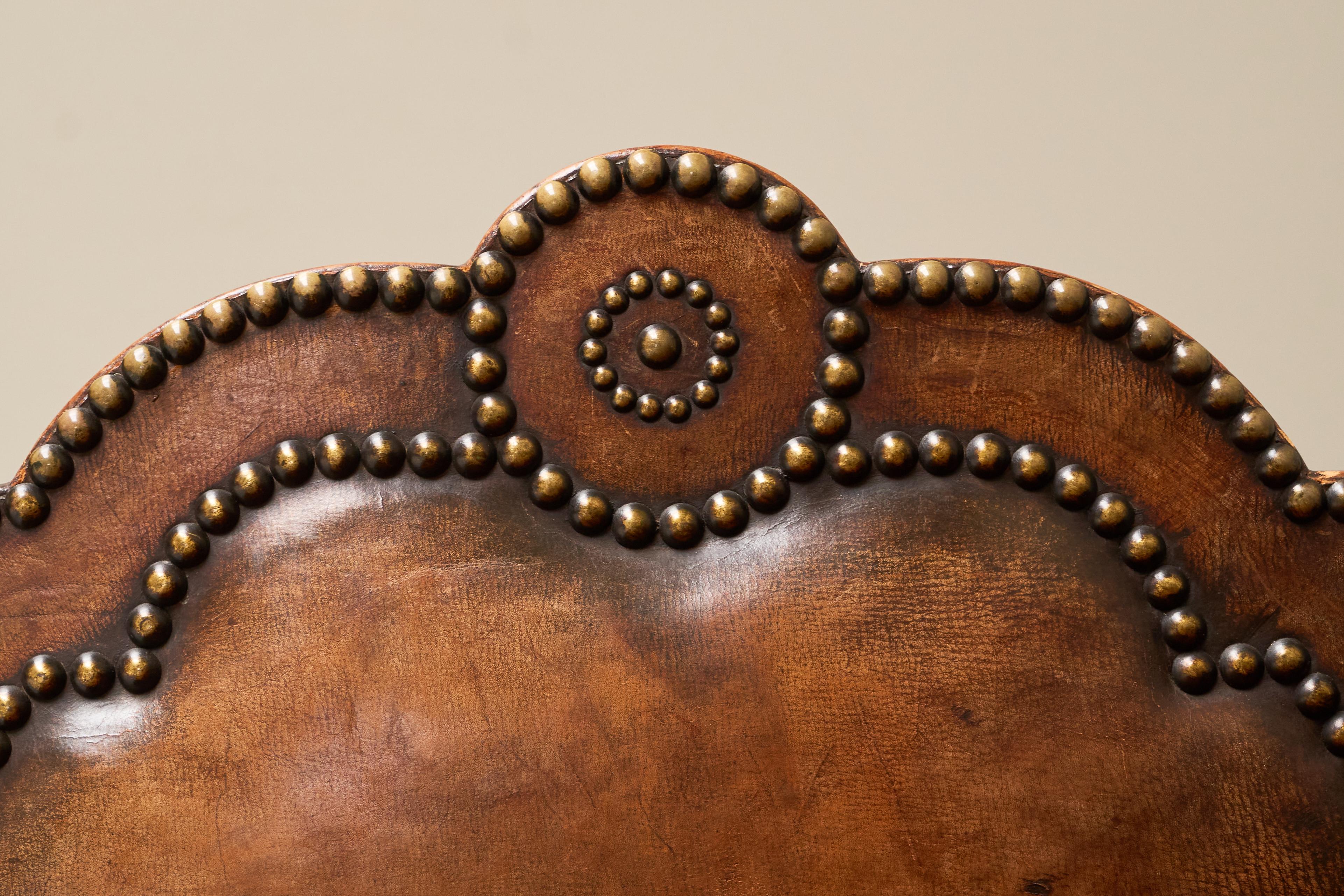 Hand-Crafted Monumental Sofa in Patinated Brown Leather, Studs and Velvet Late 19th Century For Sale