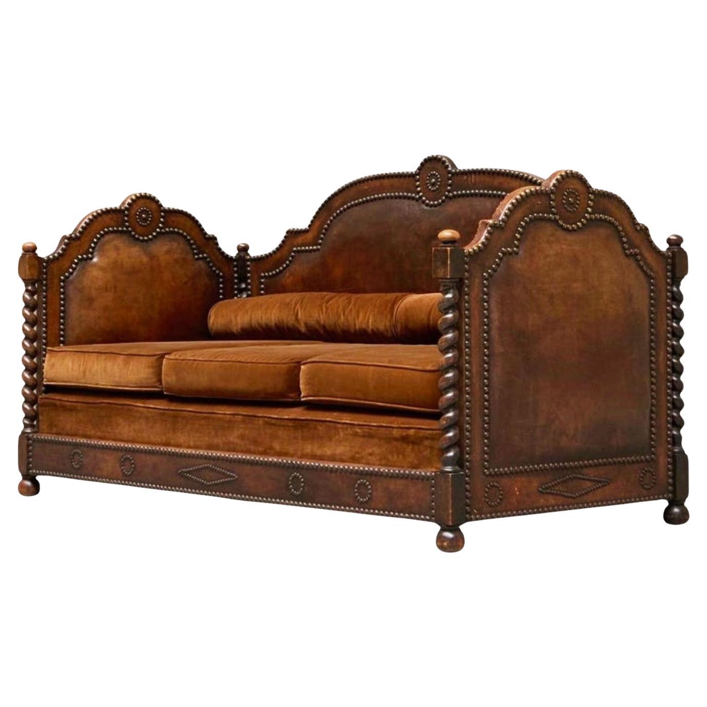 Monumental Sofa in Patinated Brown Leather, Studs and Velvet Late 19th Century For Sale