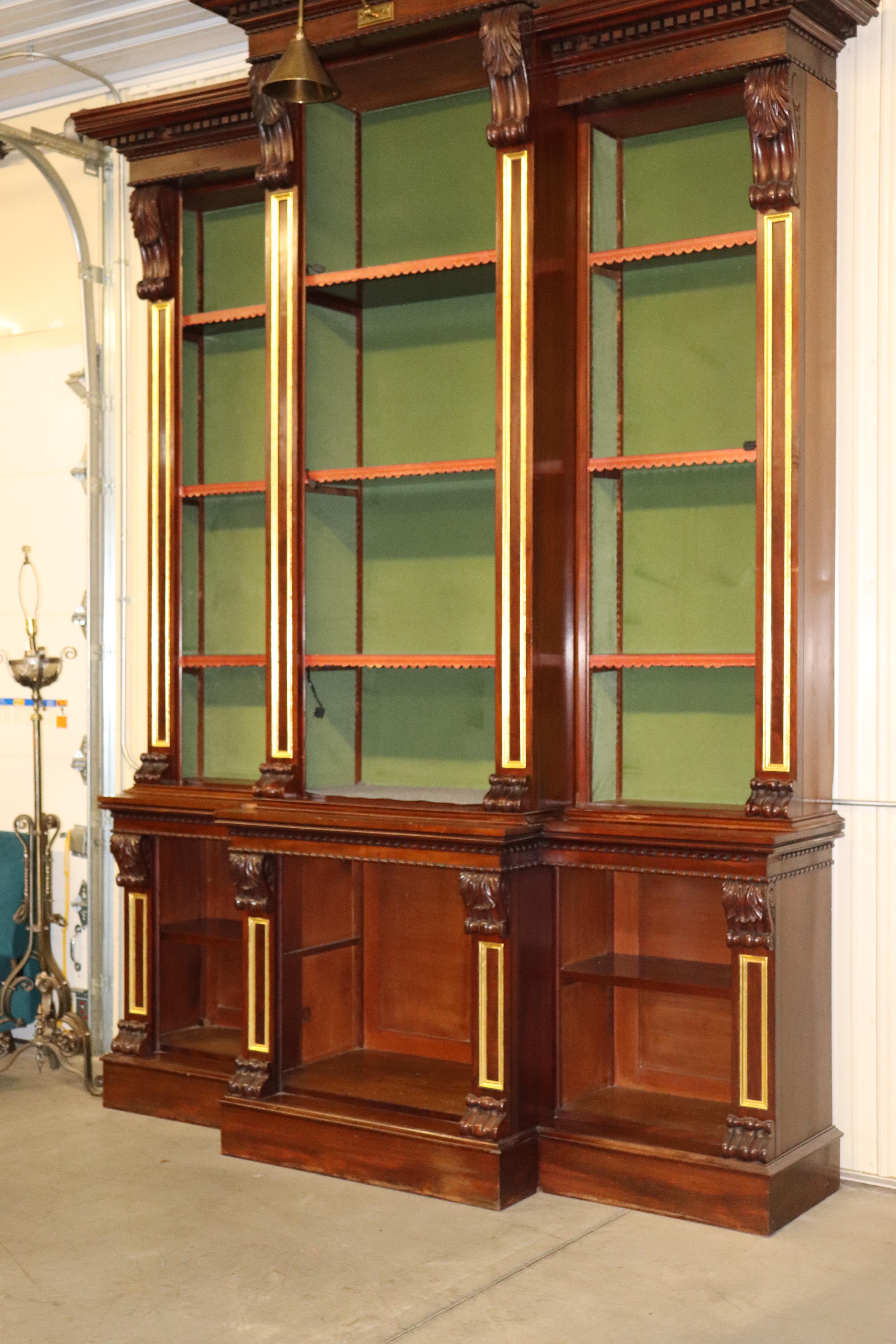 High Victorian Monumental Solid Carved Tall Walnut Victorian Bookcase Bookshelf, circa 1870s