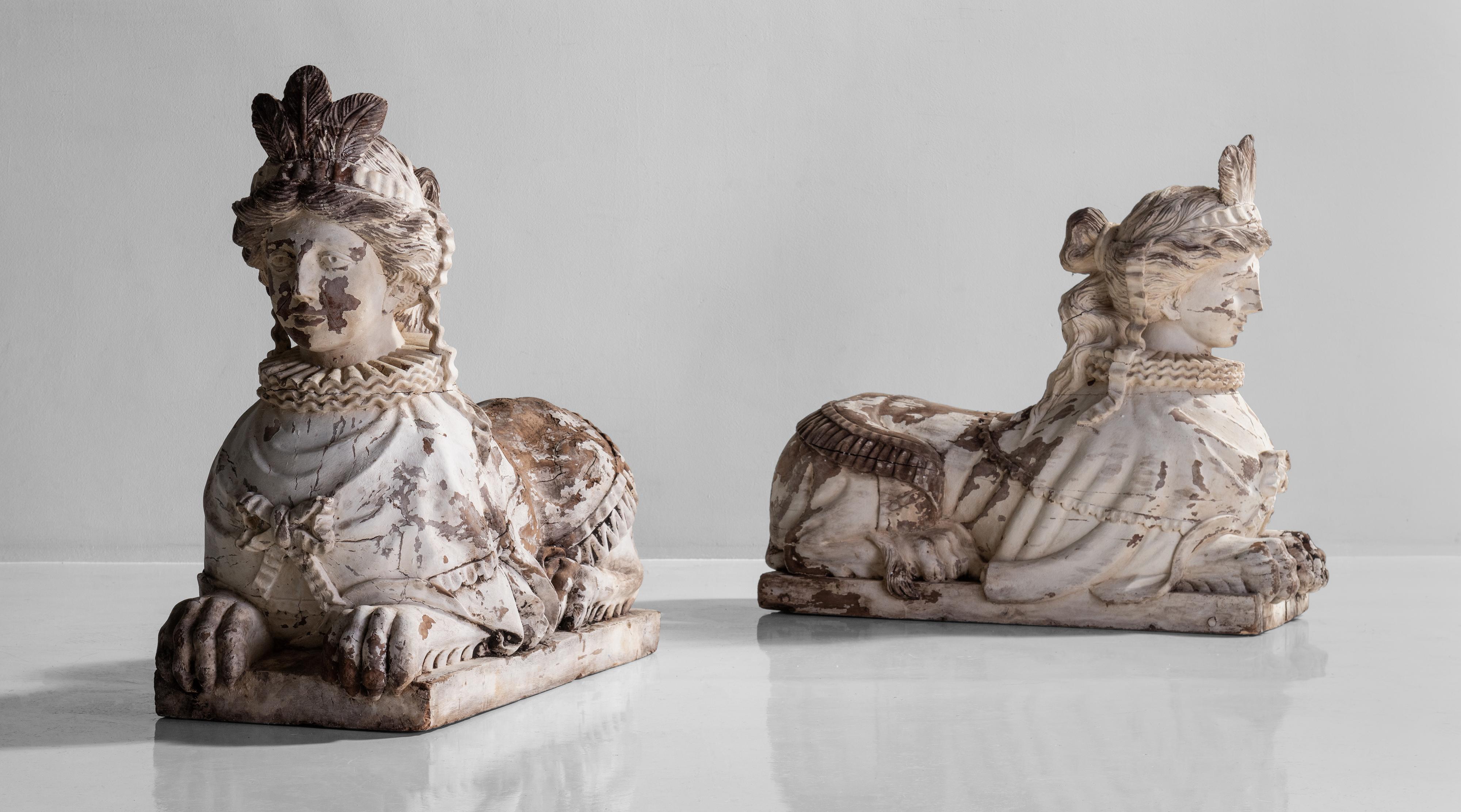 English Monumental Solid Wood Carved Sphinxes, England, circa 1860