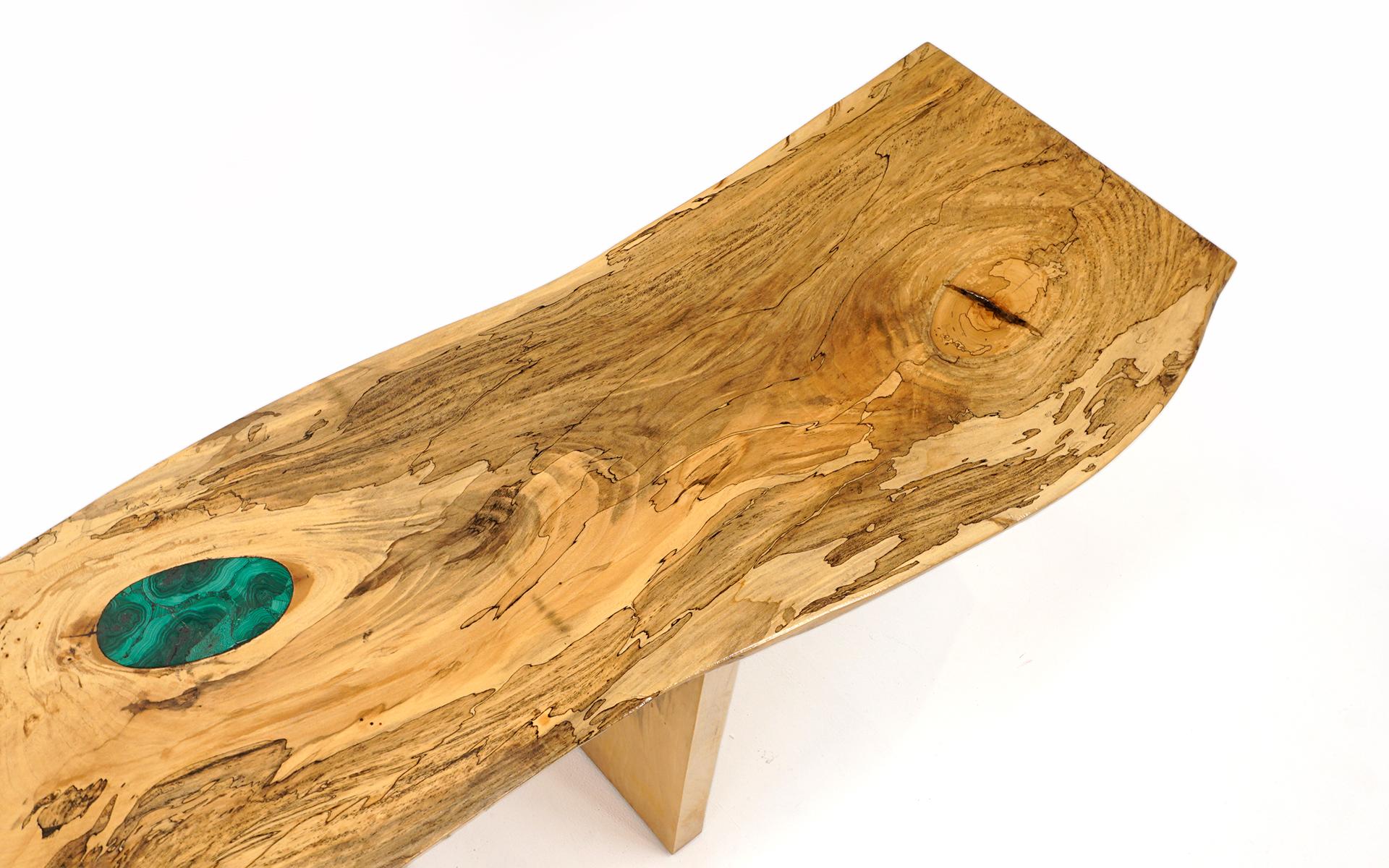 Contemporary Monumental Solid Wood Live Edge Console Table W/ Malachite Inlay For Sale