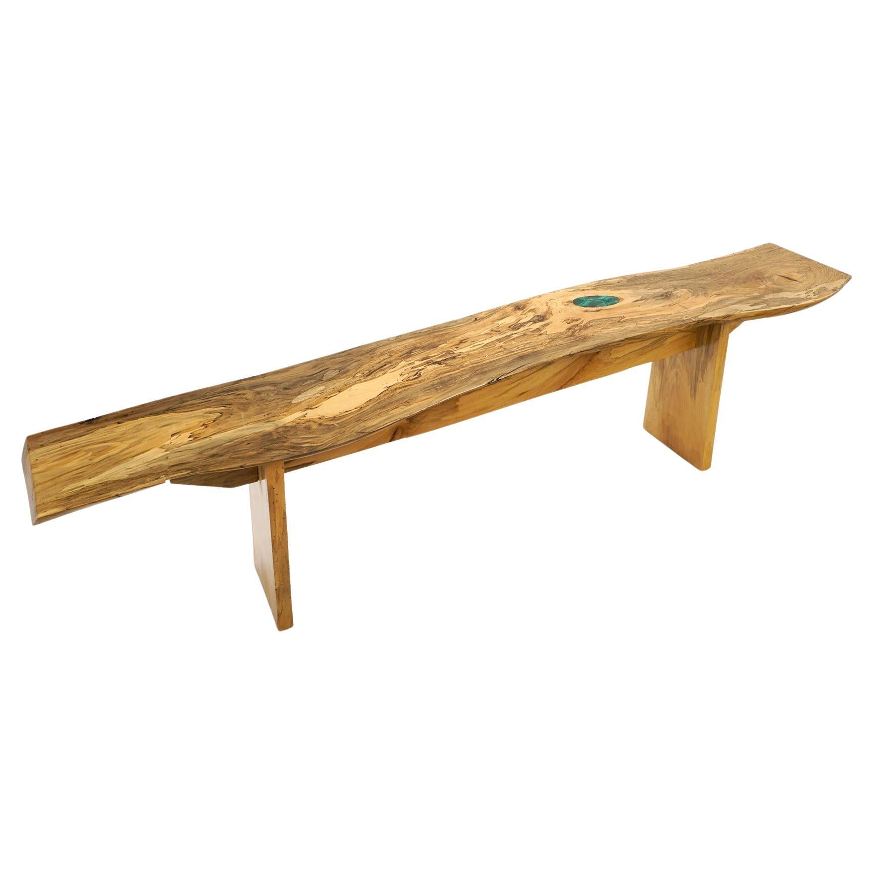 Monumental Solid Wood Live Edge Console Table W/ Malachite Inlay For Sale