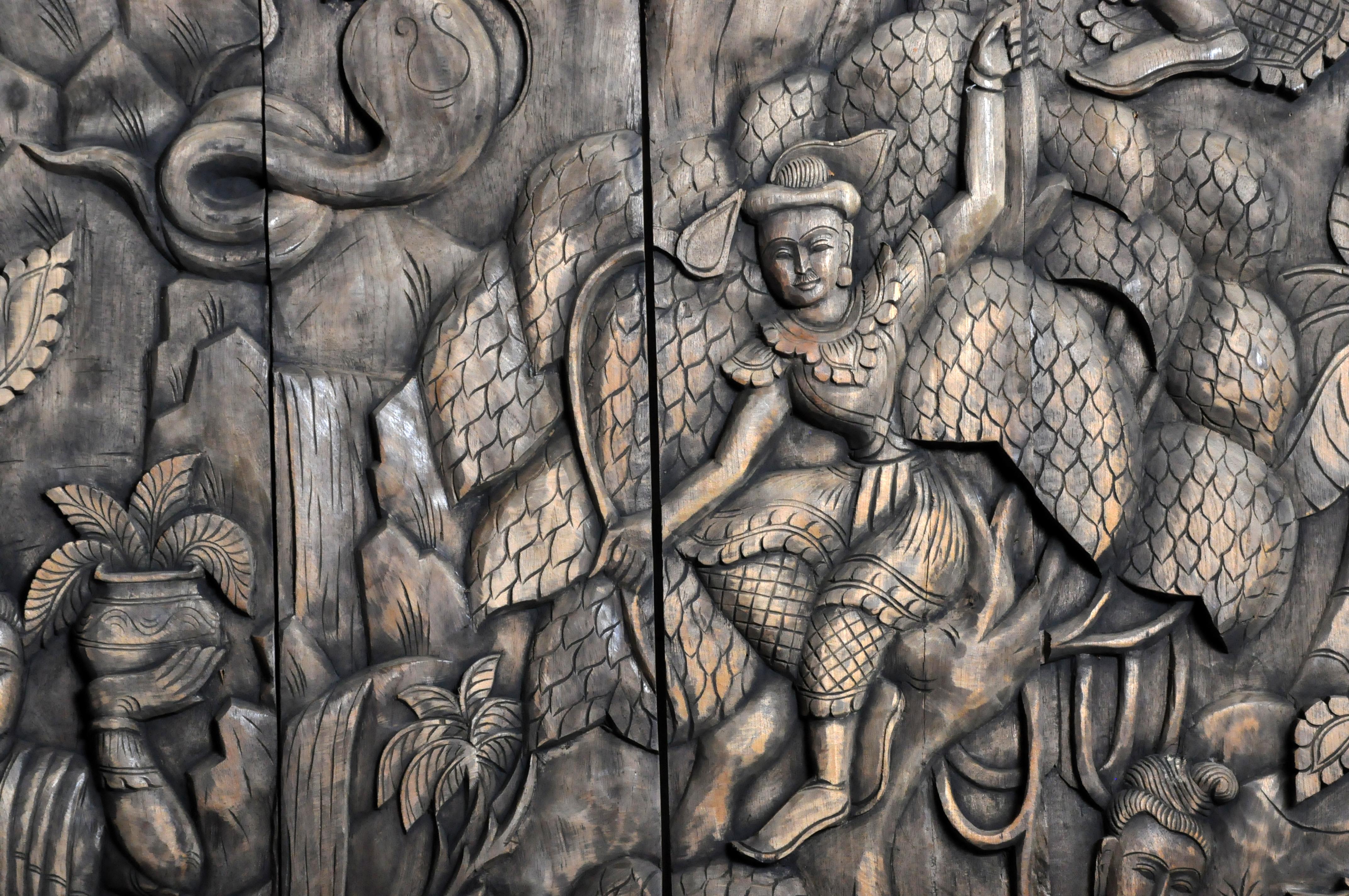 Monumental Southeast Asian Teakwood Carved Panel of Buddha 9