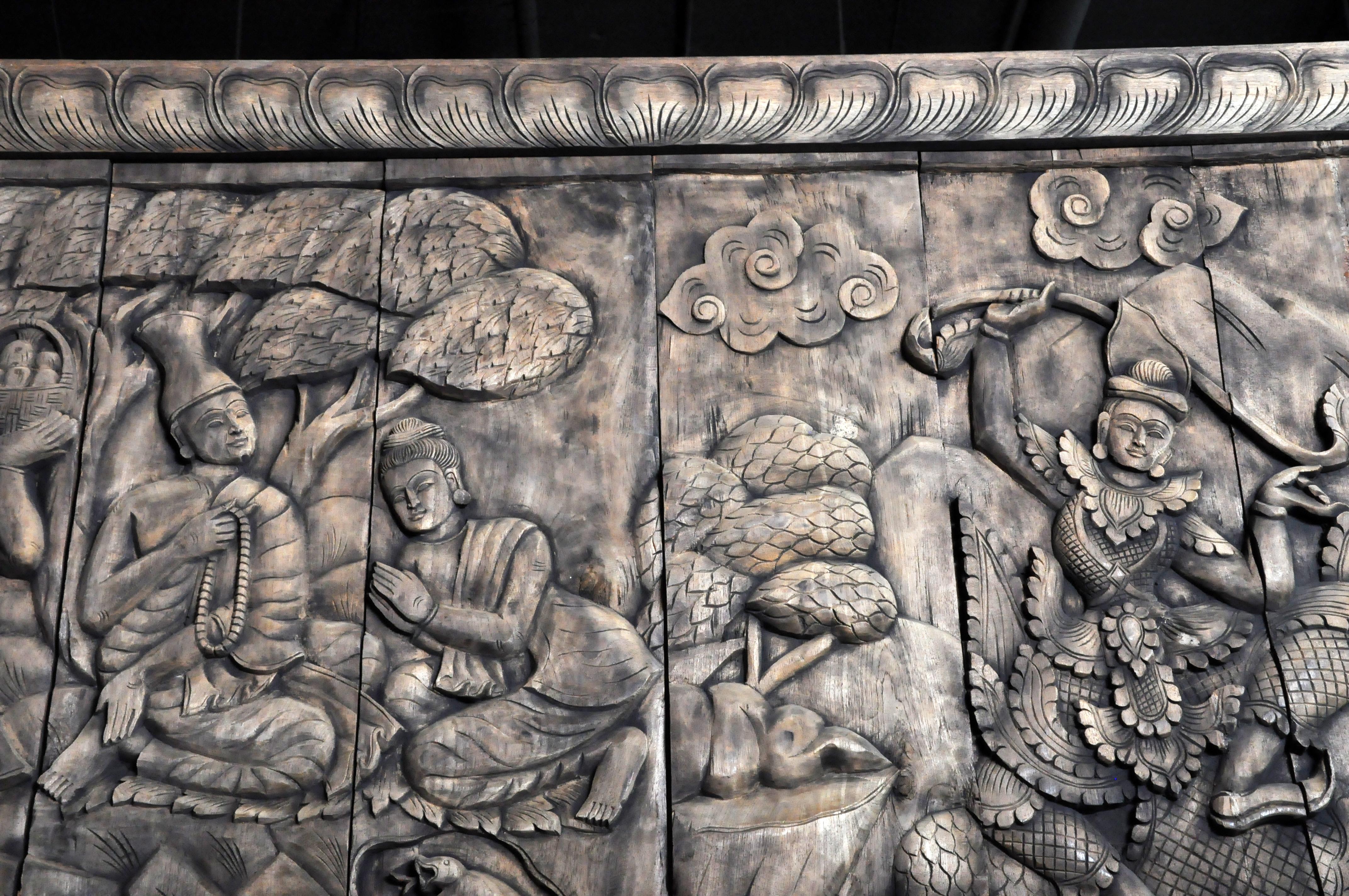 Monumental Southeast Asian Teakwood Carved Panel of Buddha 12
