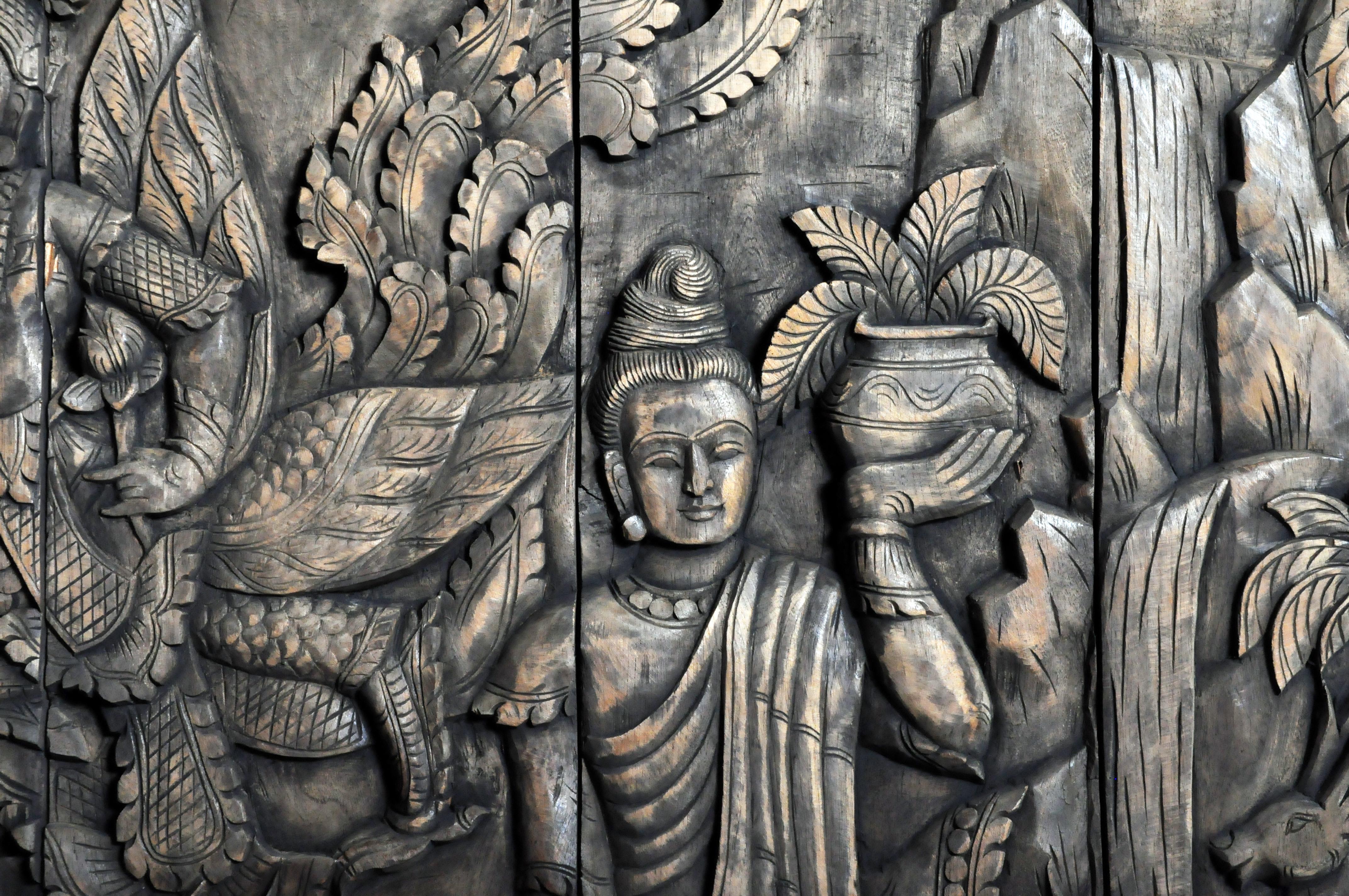 Monumental Southeast Asian Teakwood Carved Panel of Buddha 14