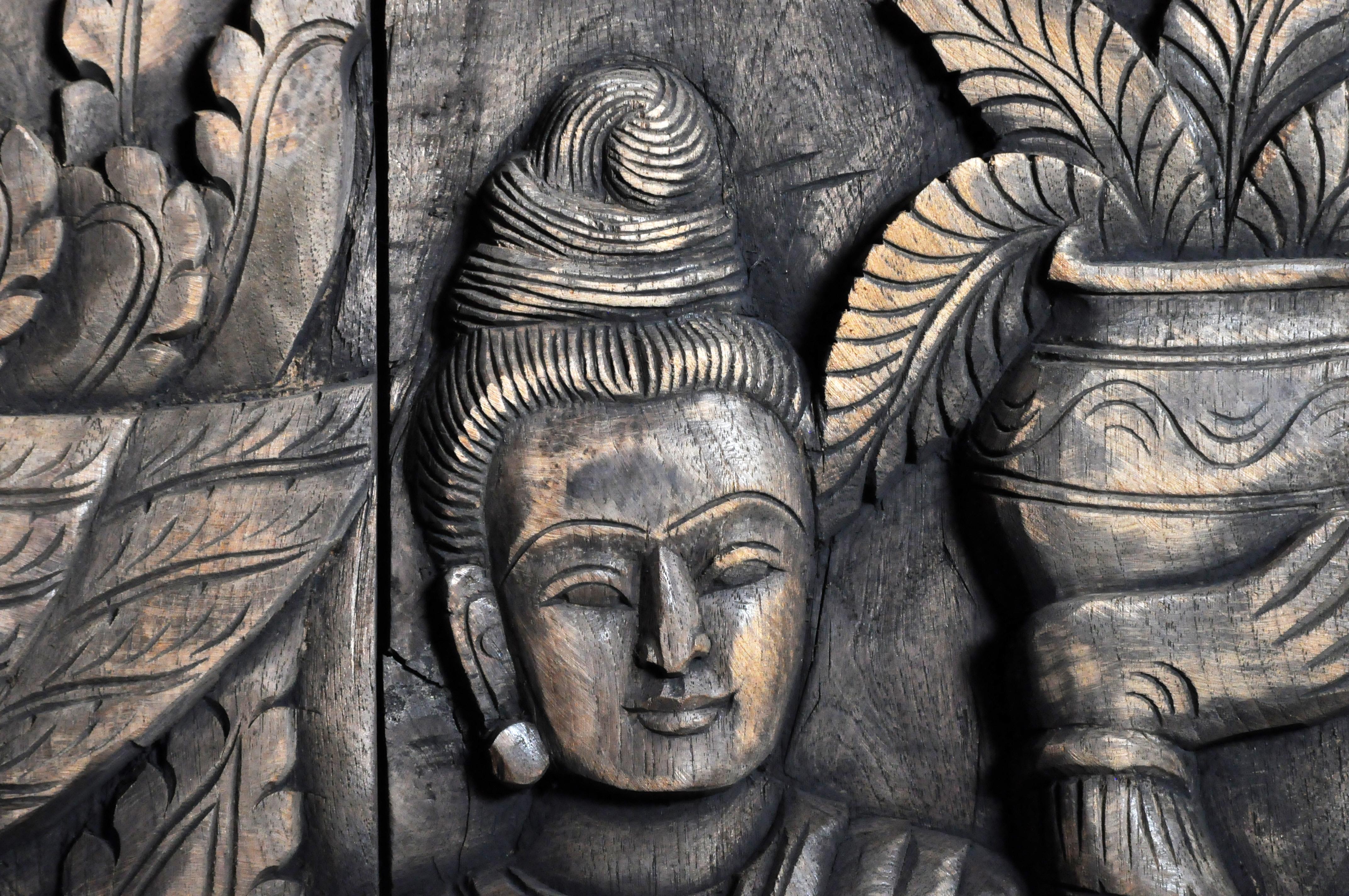 Monumental Southeast Asian Teakwood Carved Panel of Buddha 15