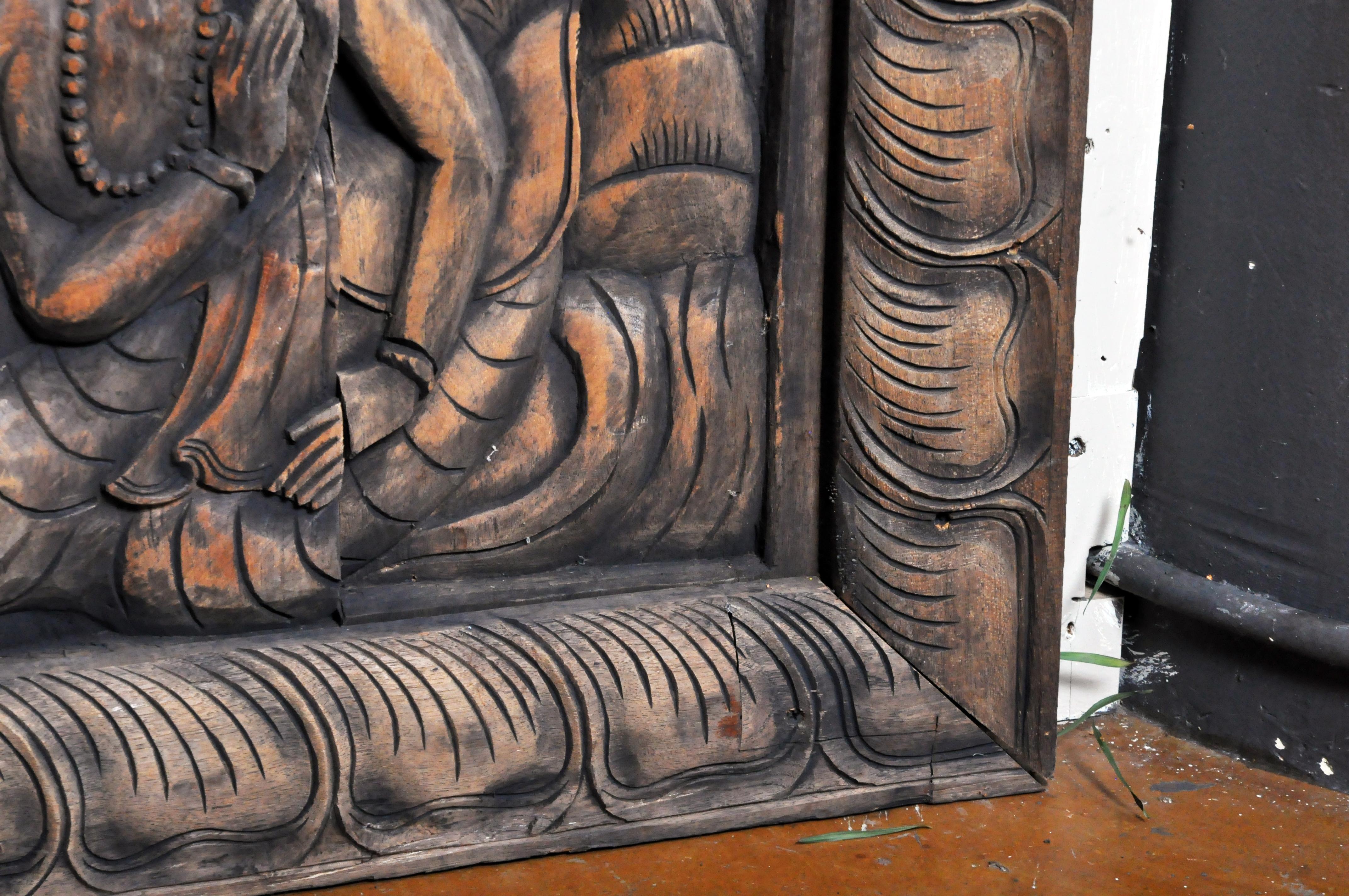 Monumental Southeast Asian Teakwood Carved Panel of Buddha 1