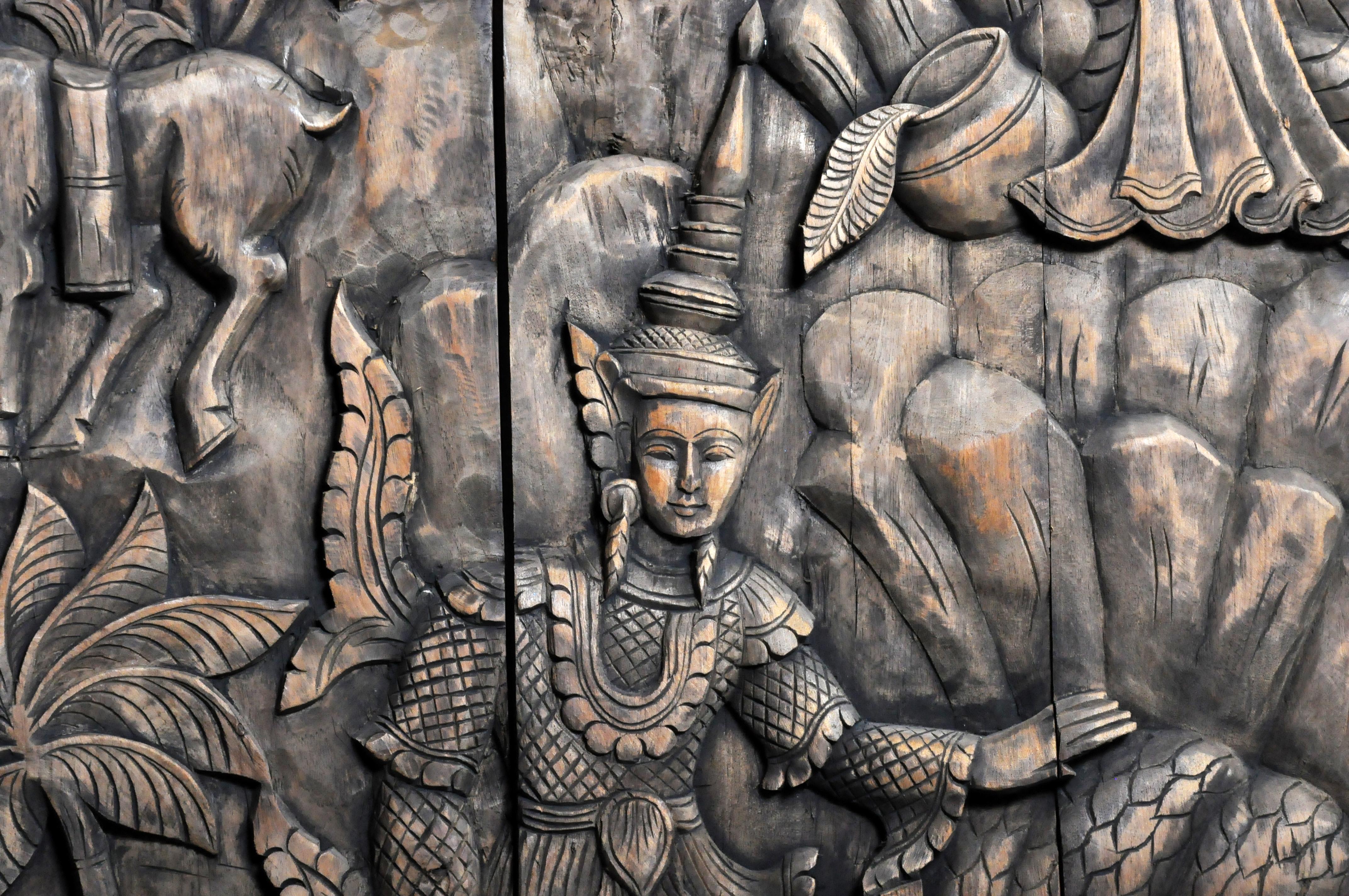 Monumental Southeast Asian Teakwood Carved Panel of Buddha 4
