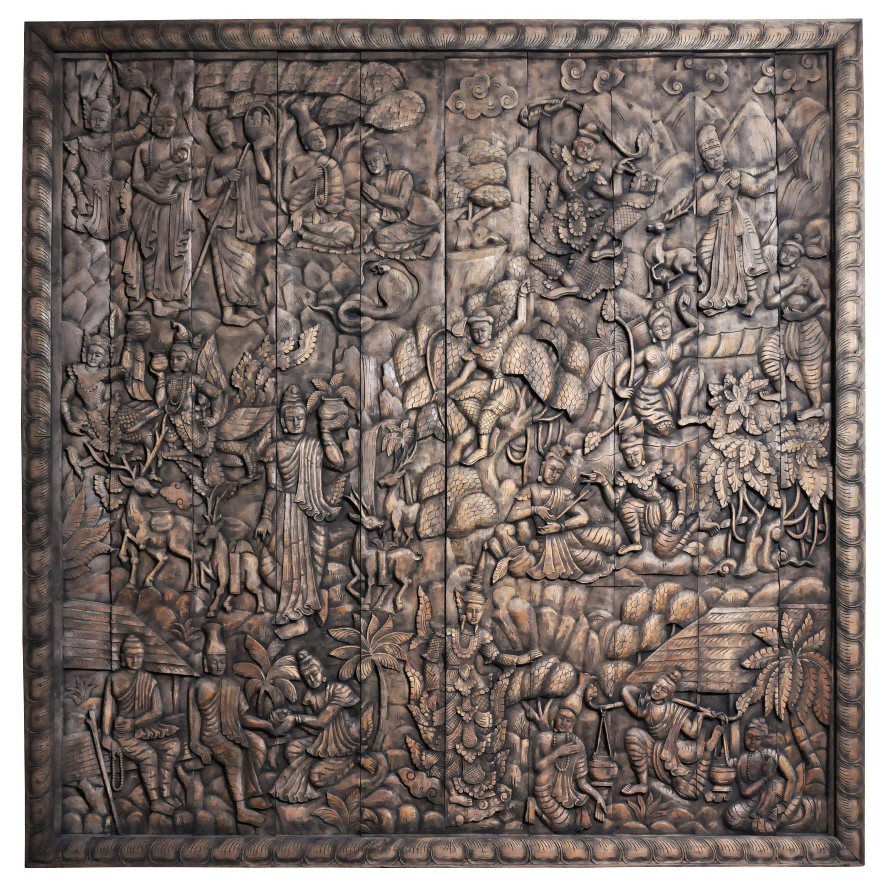 Monumental Southeast Asian Teakwood Carved Panel of Buddha
