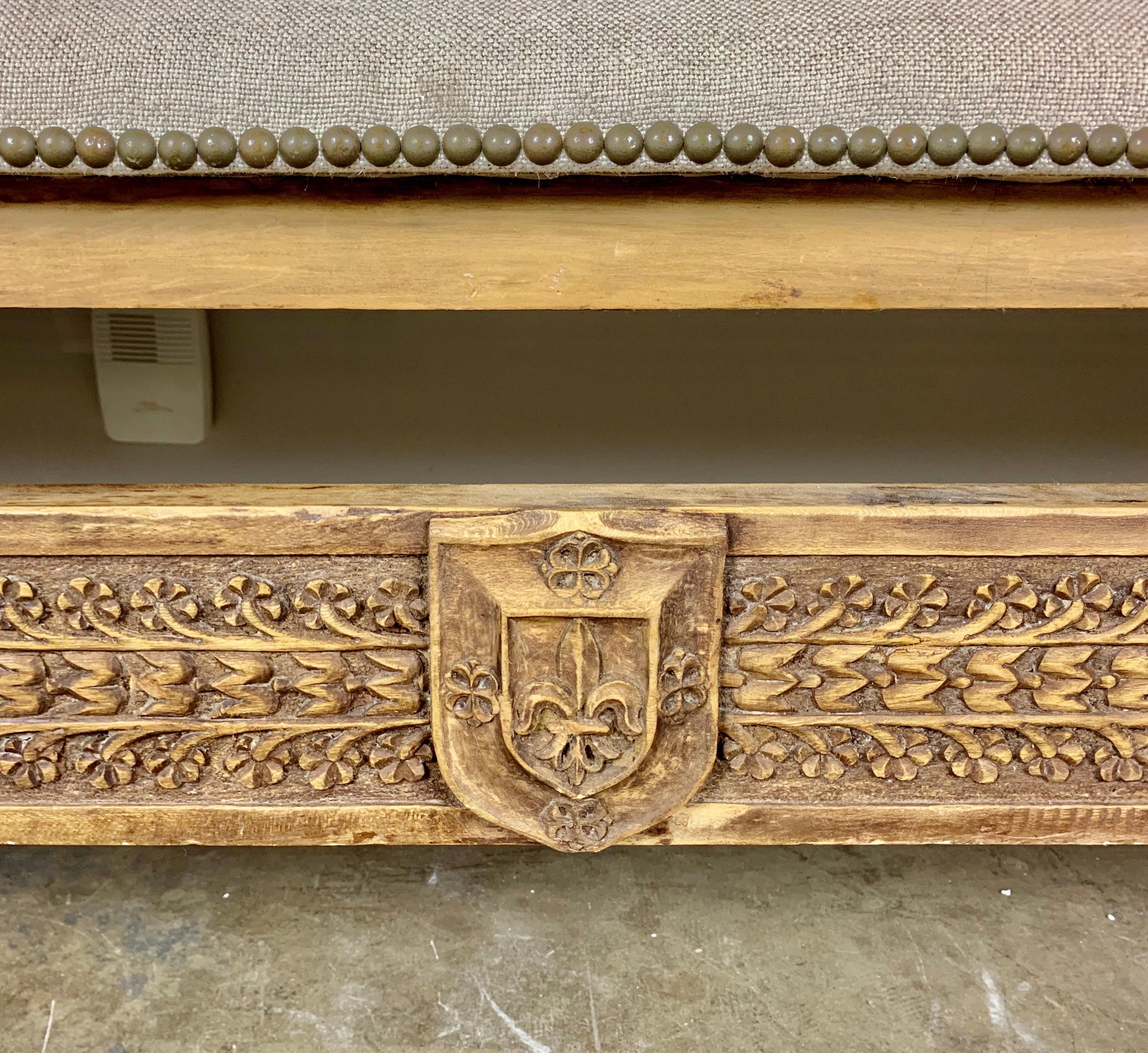 Spanish Colonial Monumental Spanish Carved Wood Bench with Linen Upholstery For Sale