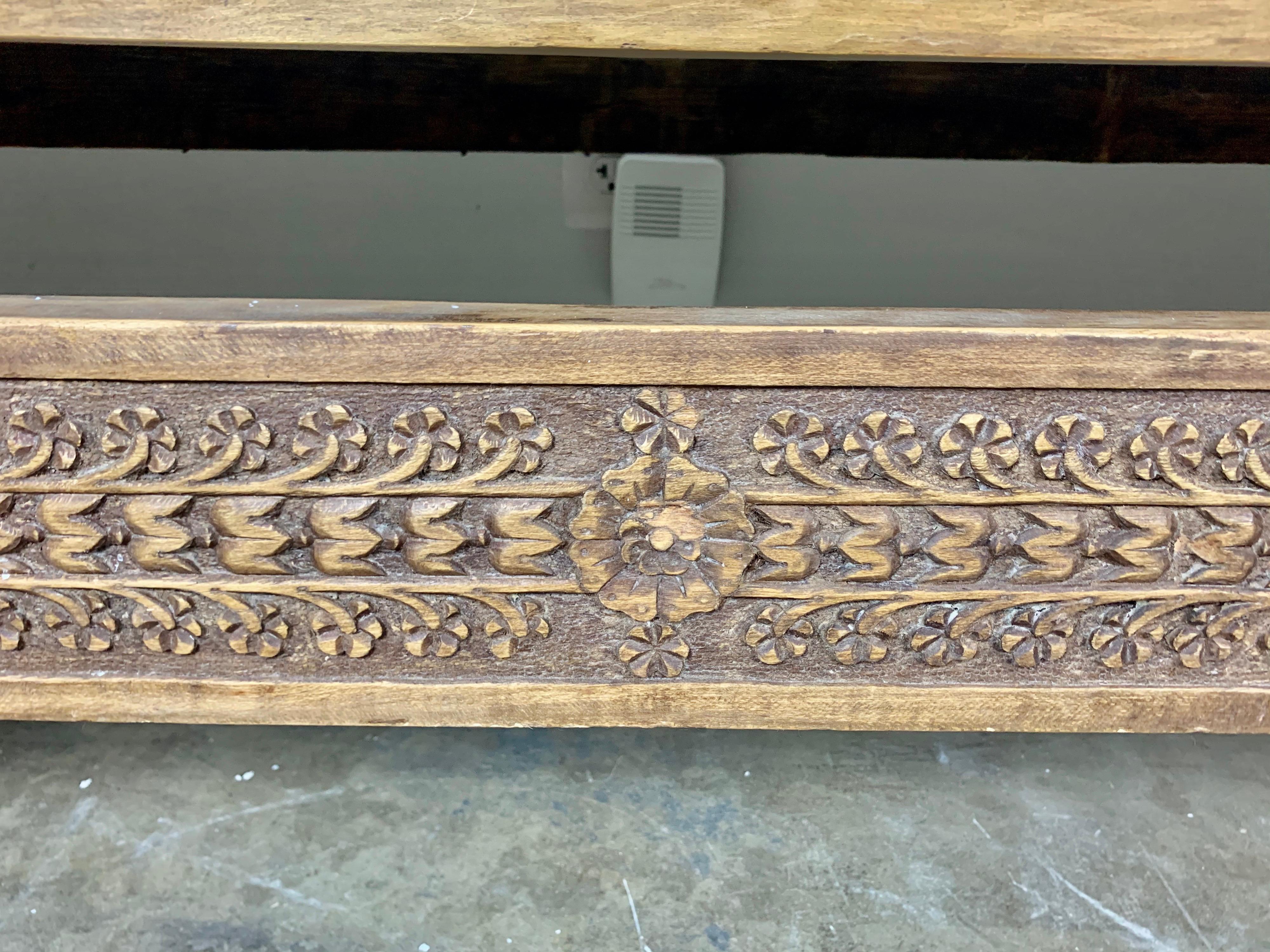 Monumental Spanish Carved Wood Bench with Linen Upholstery In Distressed Condition For Sale In Los Angeles, CA