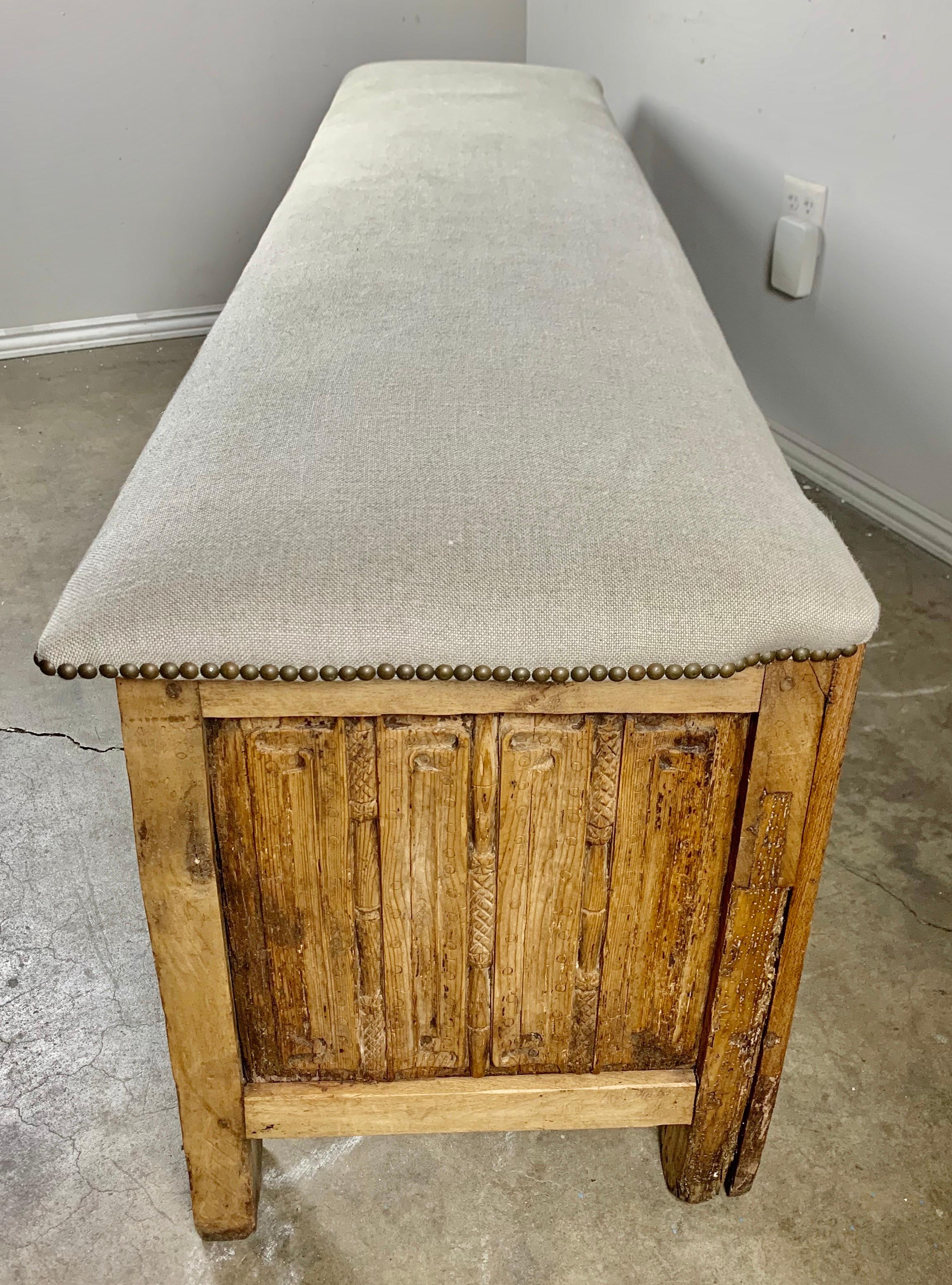 Monumental Spanish Carved Wood Bench with Linen Upholstery For Sale 2