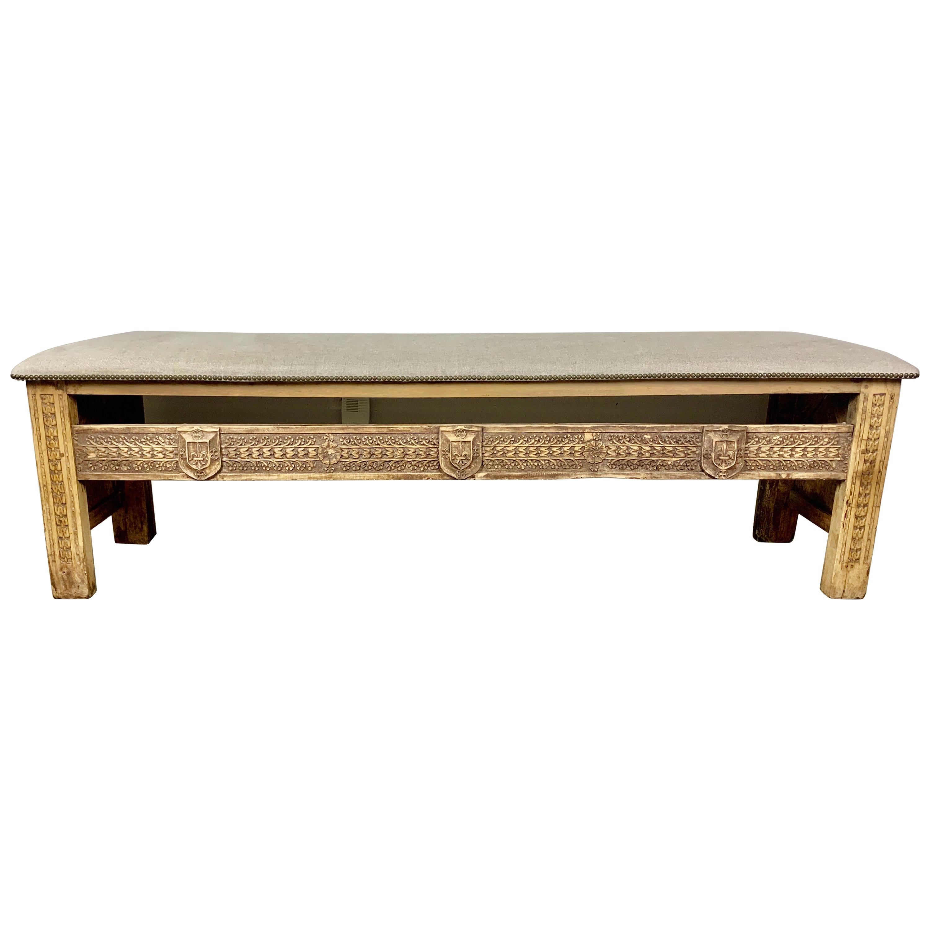 Monumental Spanish Carved Wood Bench with Linen Upholstery