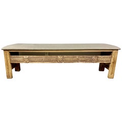 Used Monumental Spanish Carved Wood Bench with Linen Upholstery