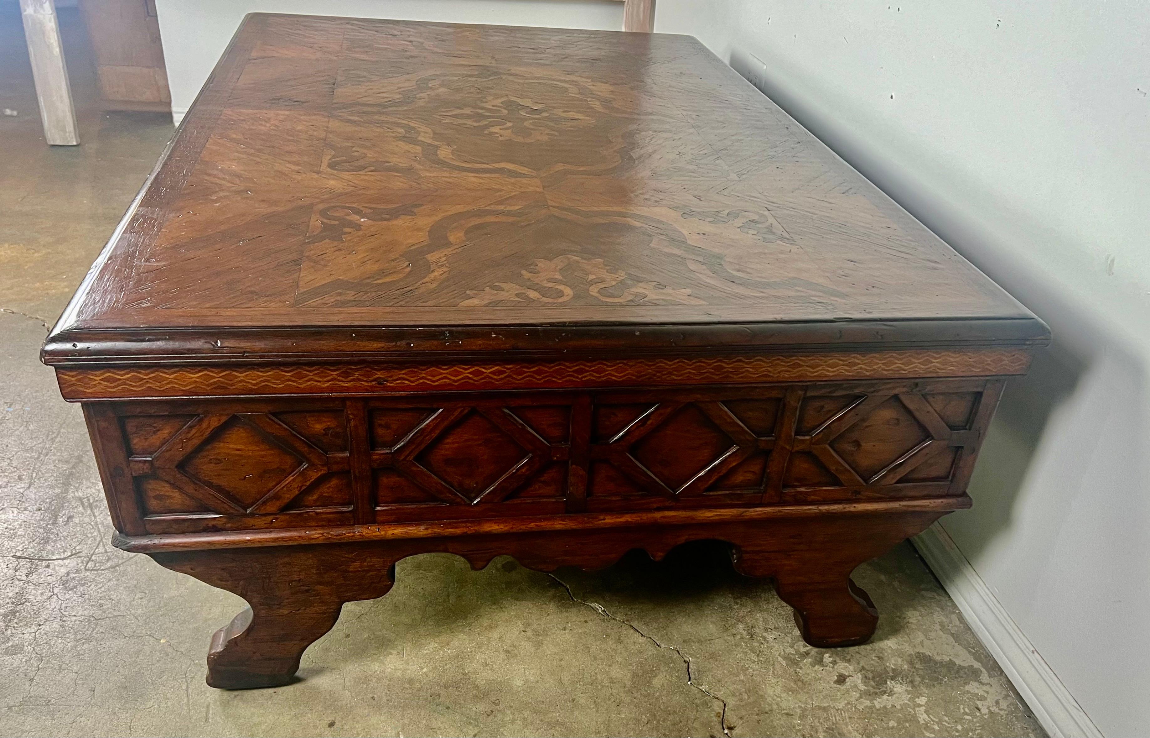 Monumental Spanish Inlaid Coffee Table w/ Drawers For Sale 5