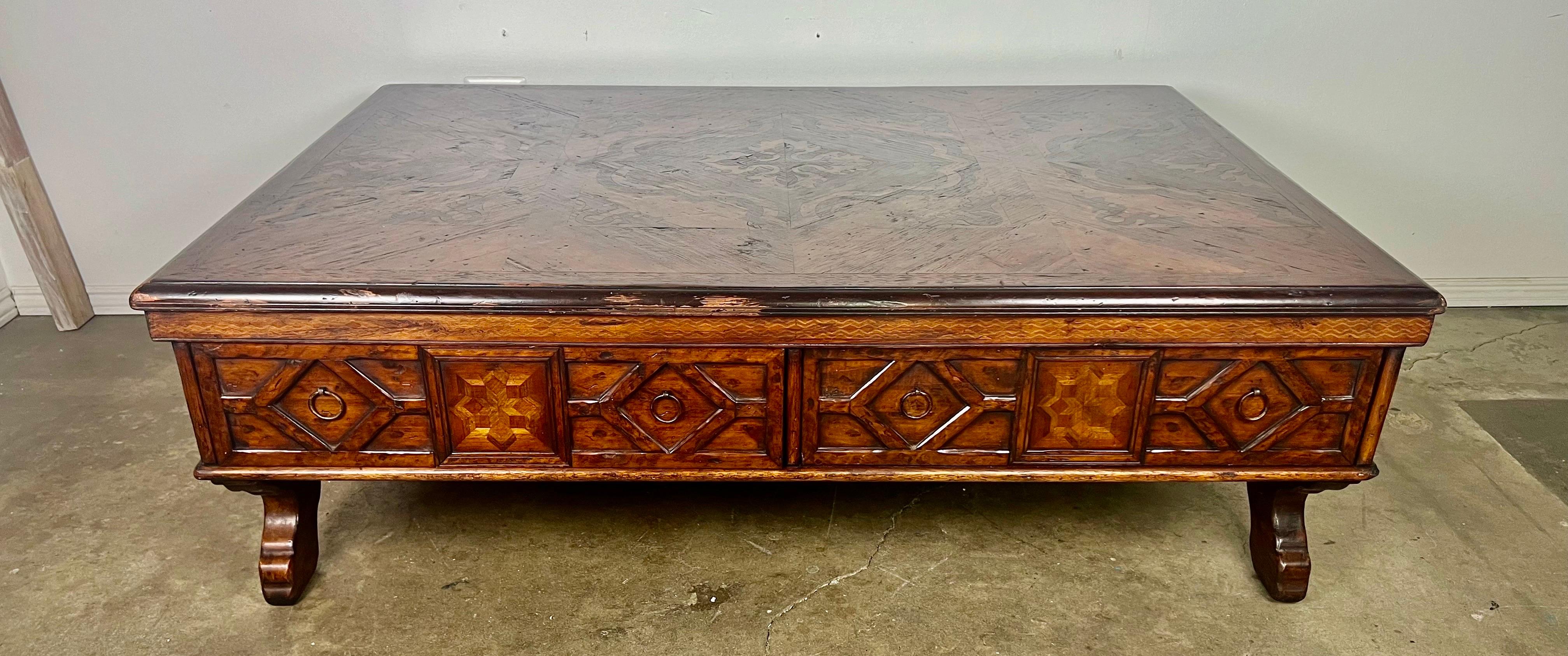 Baroque Monumental Spanish Inlaid Coffee Table w/ Drawers For Sale