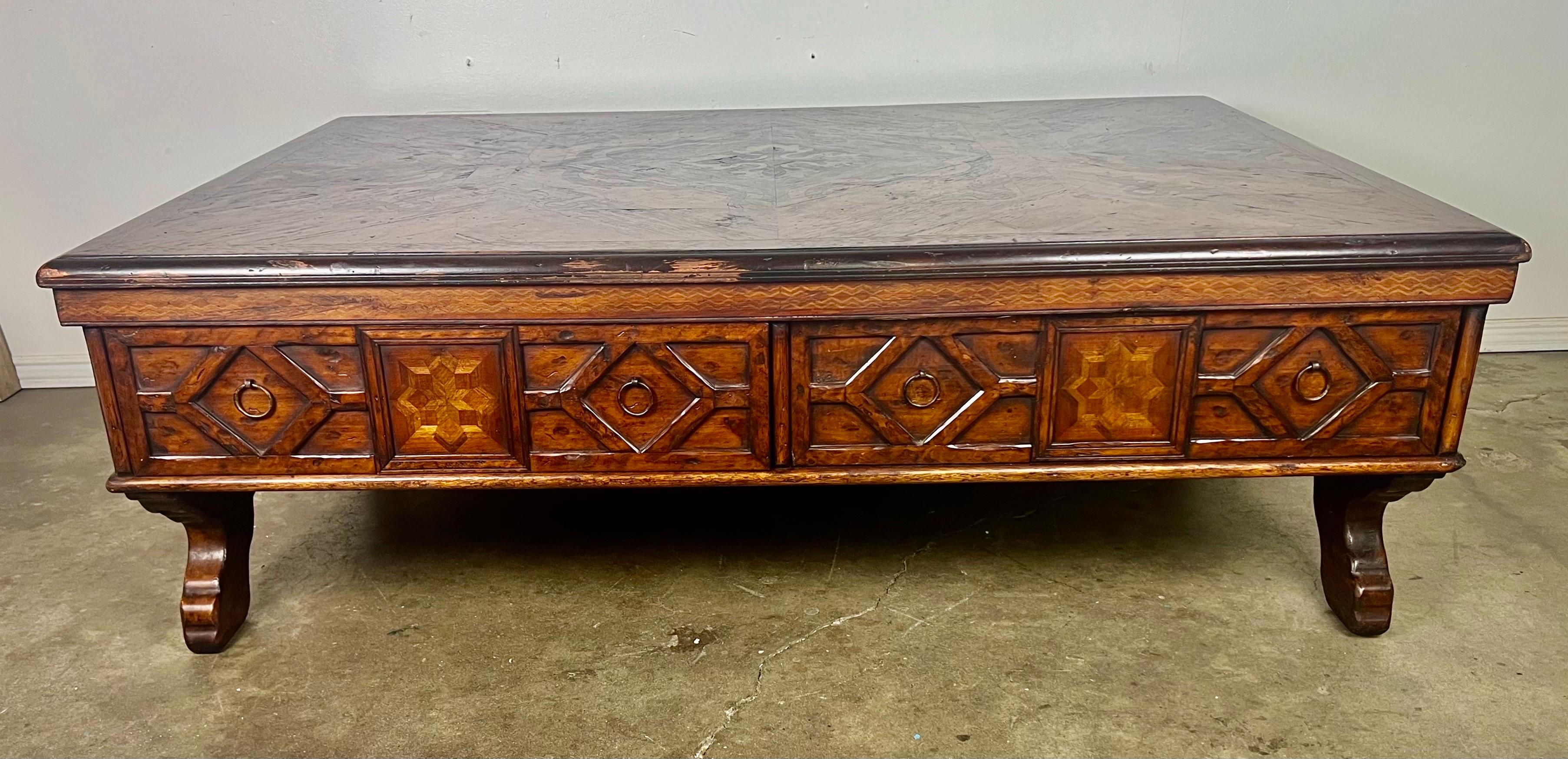 Monumental Spanish Inlaid Coffee Table w/ Drawers In Good Condition In Los Angeles, CA