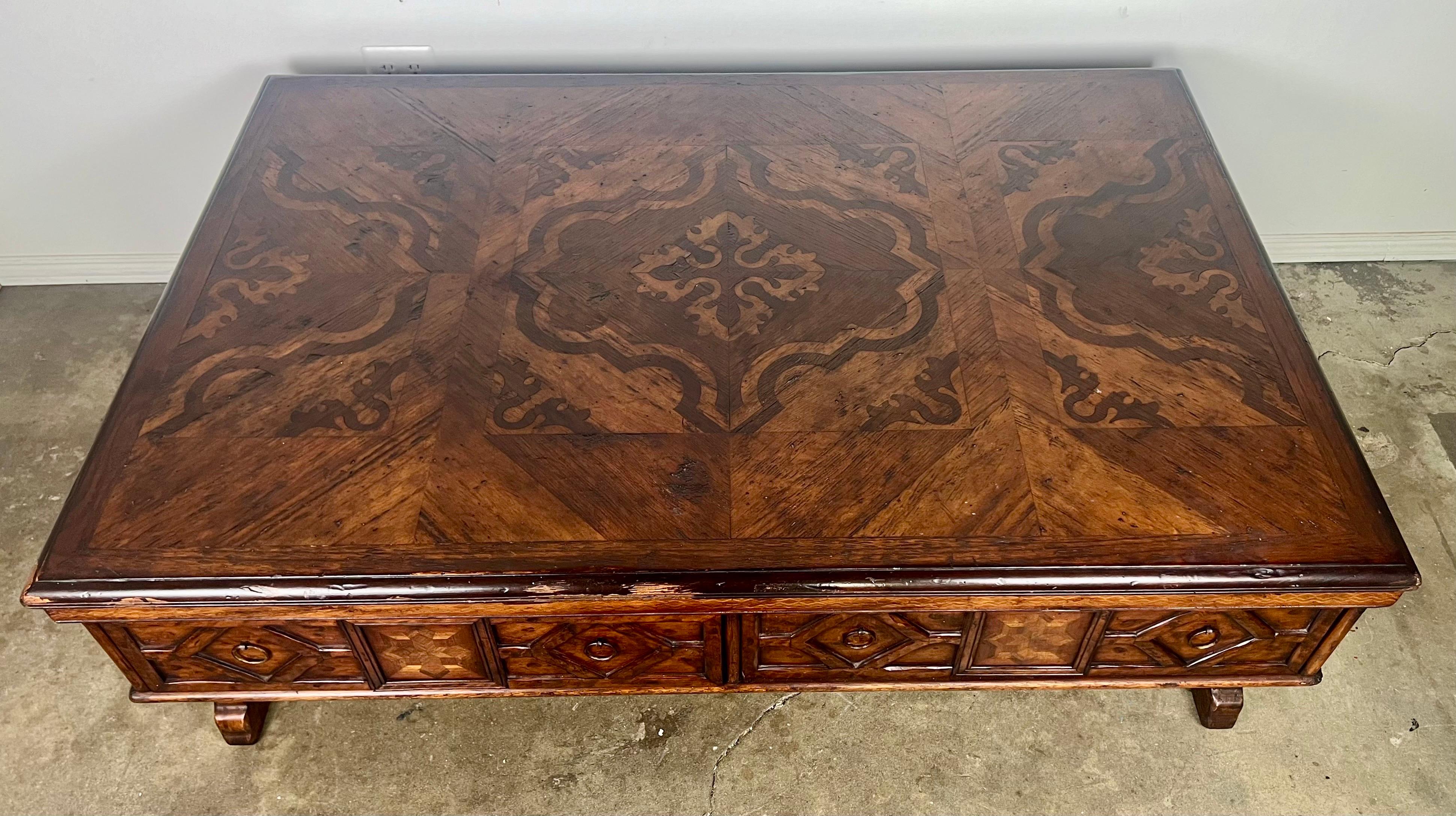 20th Century Monumental Spanish Inlaid Coffee Table w/ Drawers For Sale