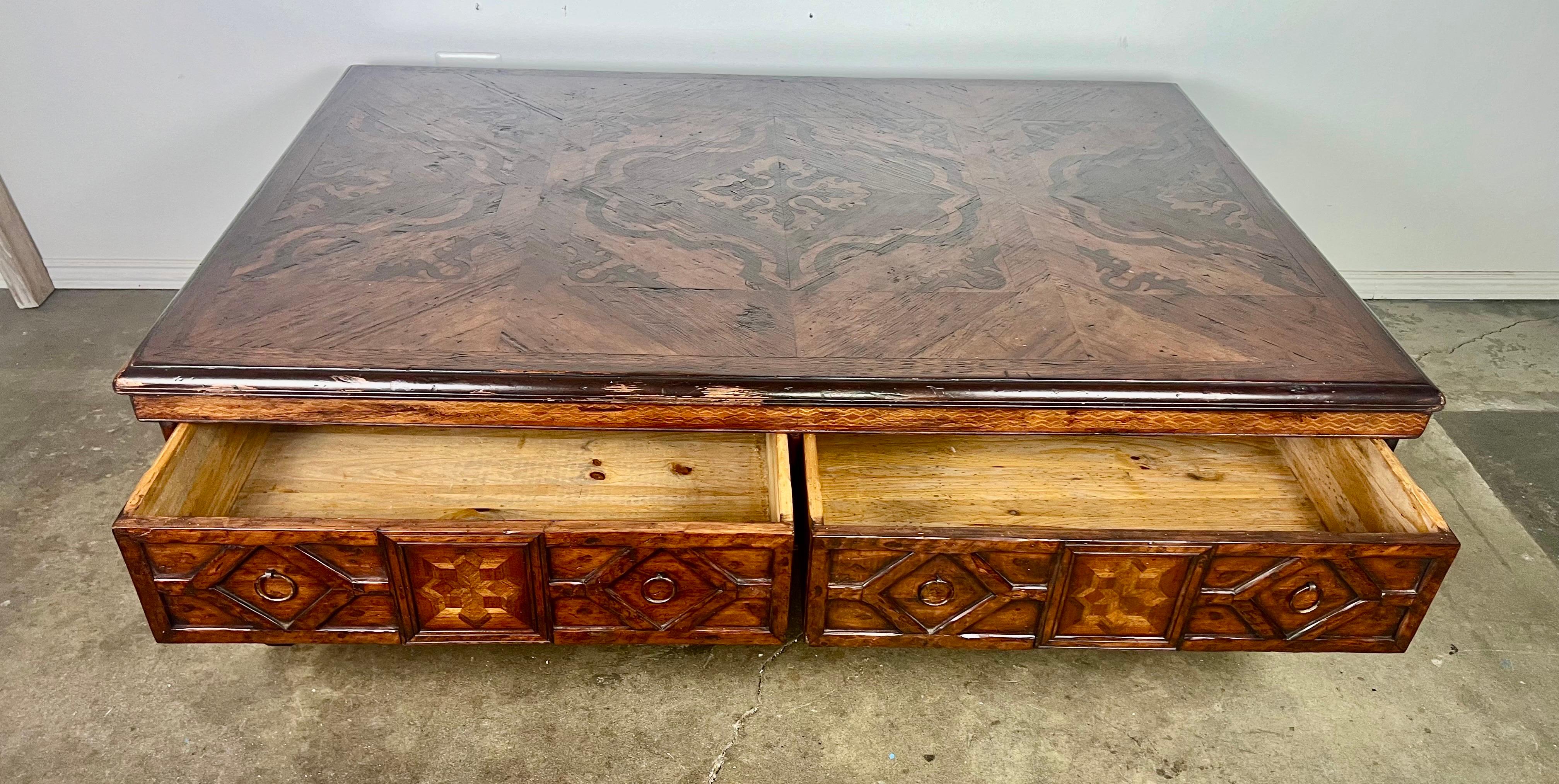 Monumental Spanish Inlaid Coffee Table w/ Drawers For Sale 3
