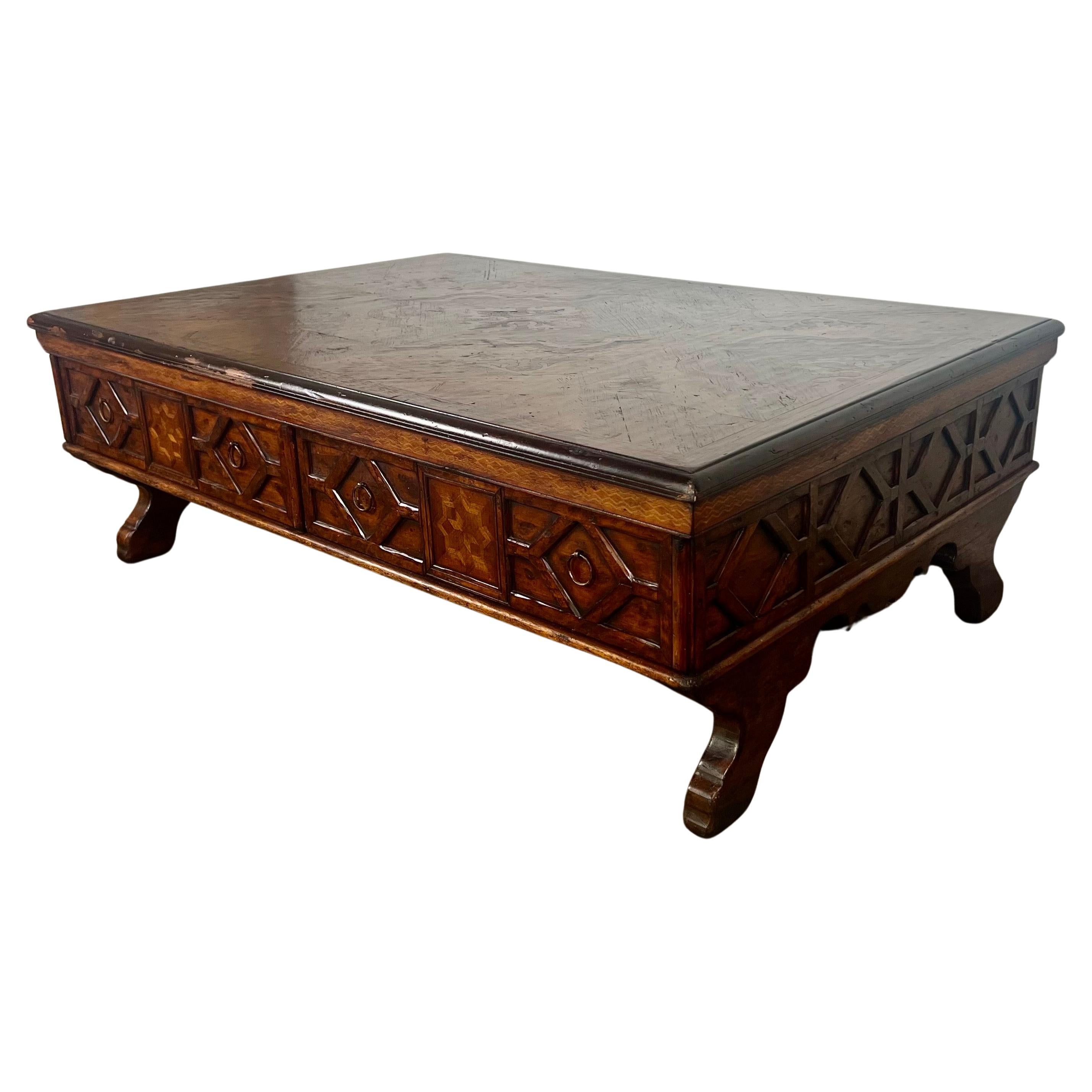 Monumental Spanish Inlaid Coffee Table w/ Drawers For Sale
