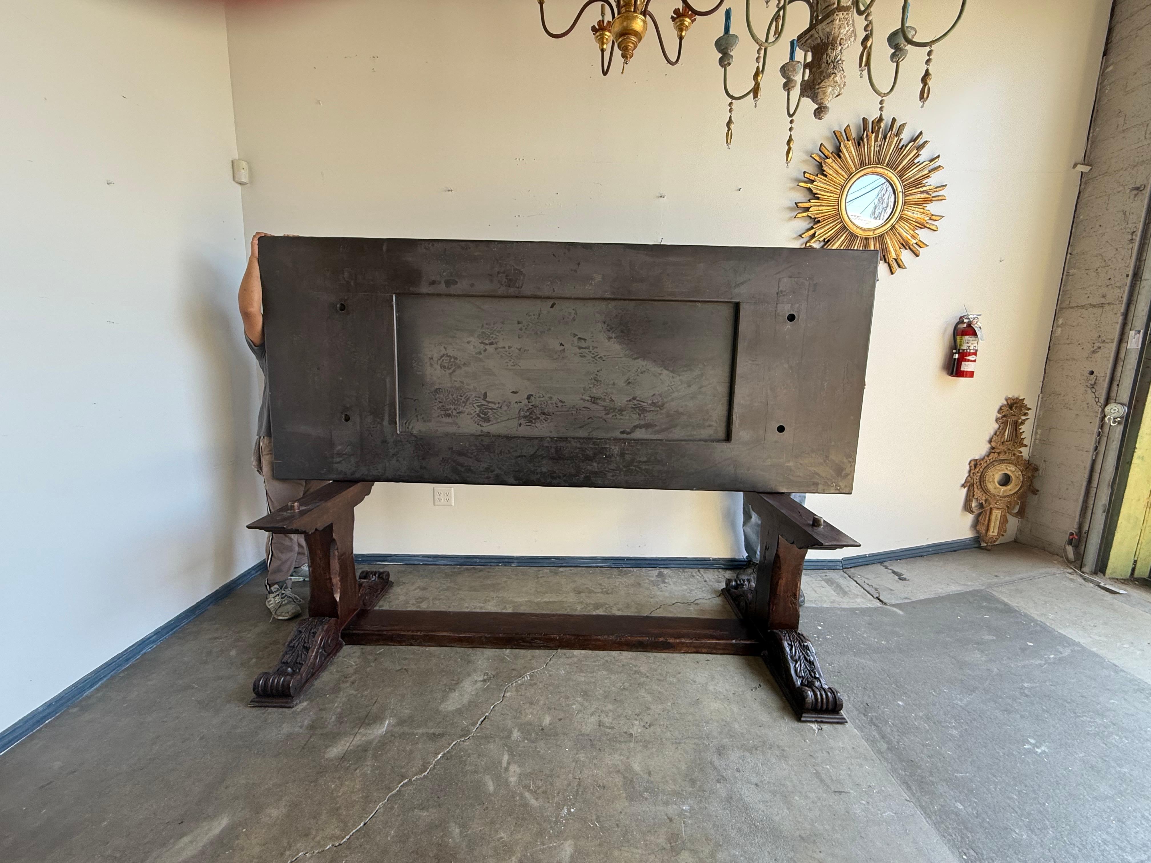 Monumental Spanish Revival Carved Trestle Dining Table, Early 20th Century For Sale 11