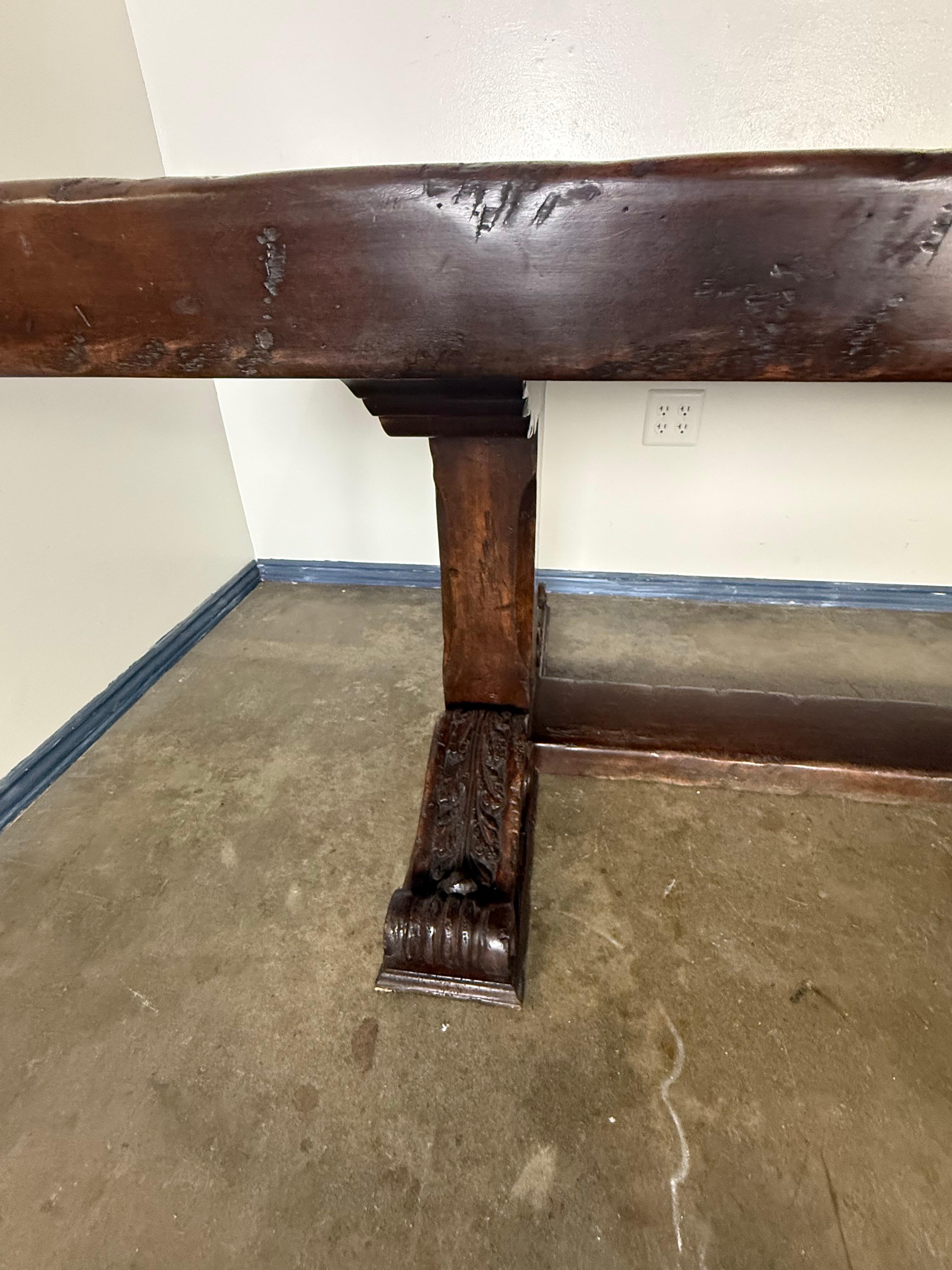 Monumental Spanish Revival Carved Trestle Dining Table, Early 20th Century For Sale 2