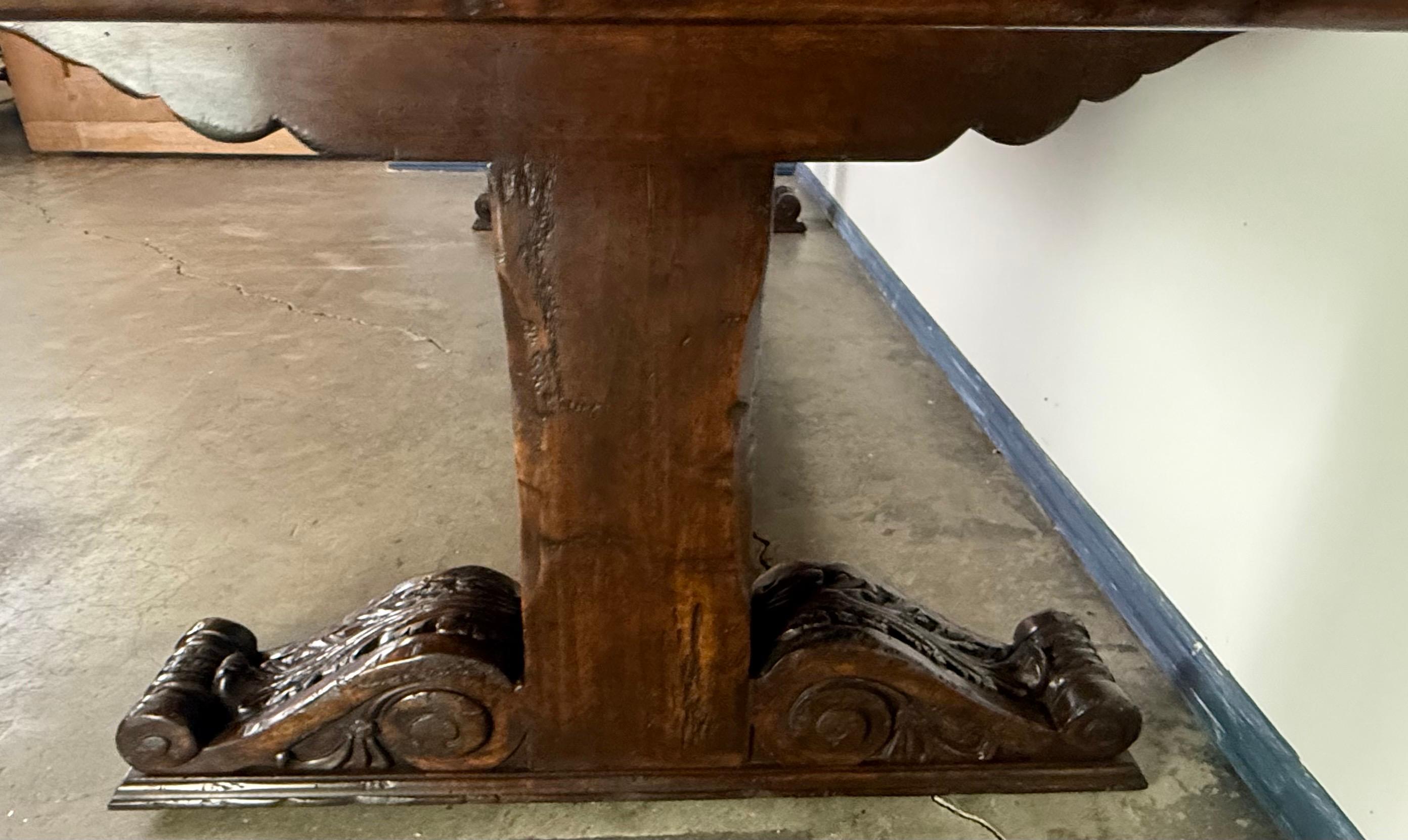 Monumental Spanish Revival Carved Trestle Dining Table, Early 20th Century For Sale 4