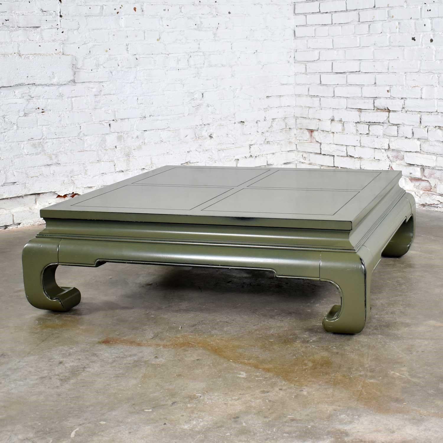 Monumental Square Asian Ming Style Lacquered Coffee Table in Sage Green 1