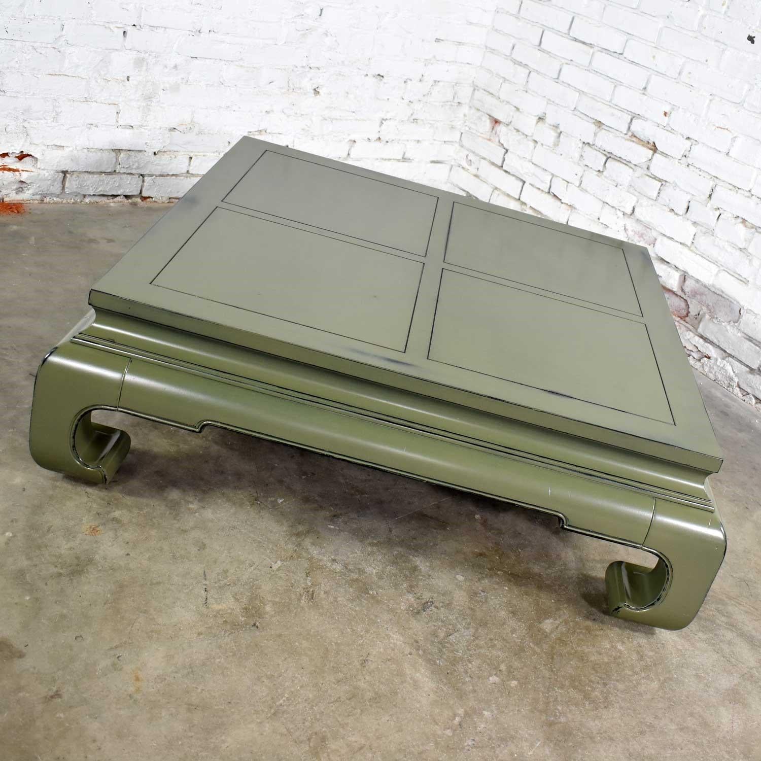 Monumental Square Asian Ming Style Lacquered Coffee Table in Sage Green 3