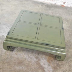 Monumental Square Asian Ming Style Lacquered Coffee Table in Sage Green