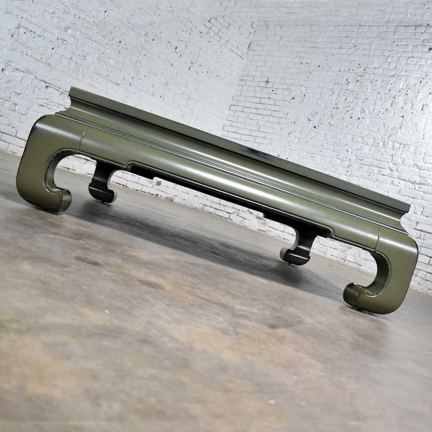 Chinoiserie Monumental Square Asian Ming Style Lacquered Coffee Table in Sage Green