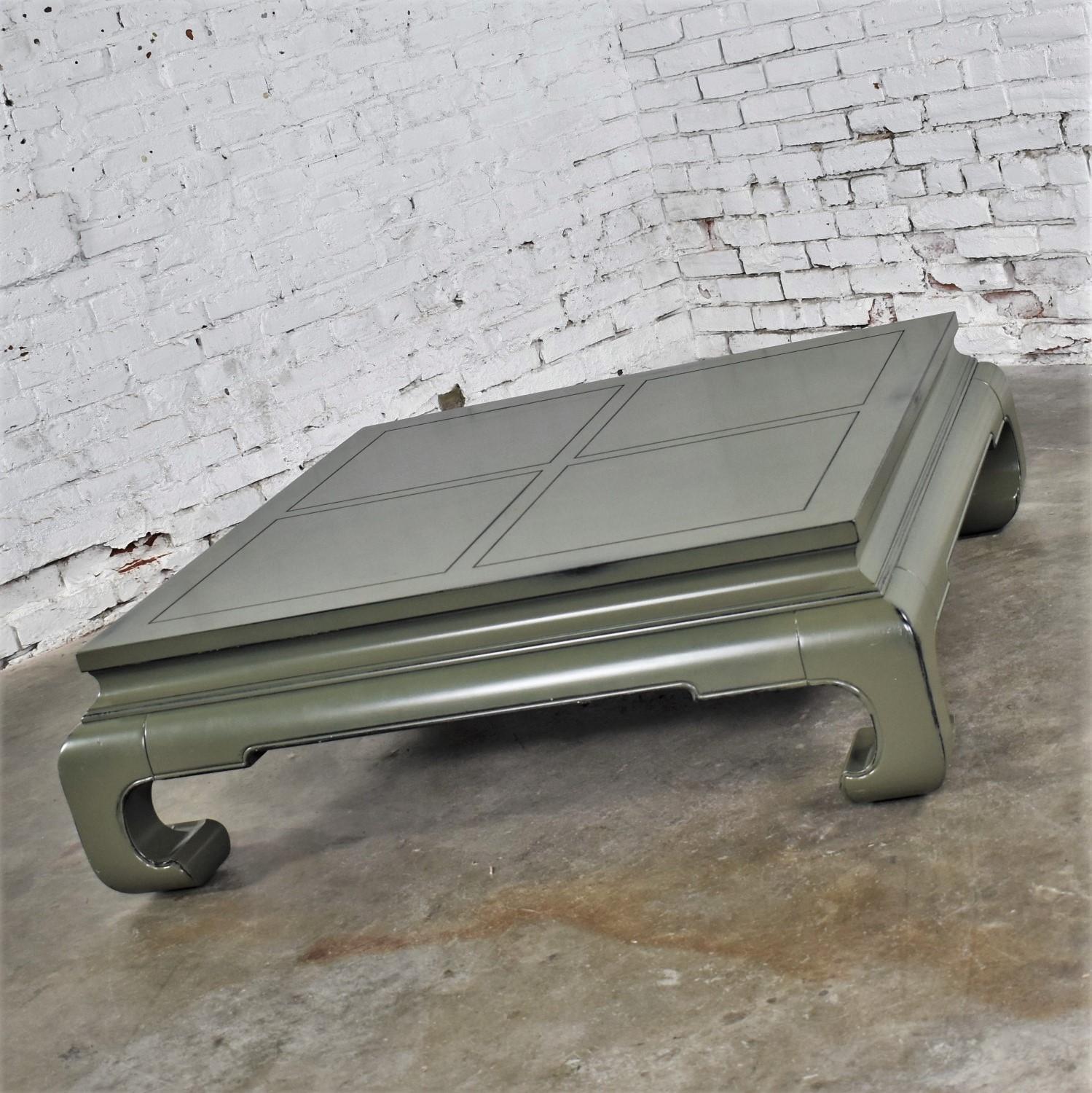 Wood Monumental Square Asian Ming Style Lacquered Coffee Table in Sage Green