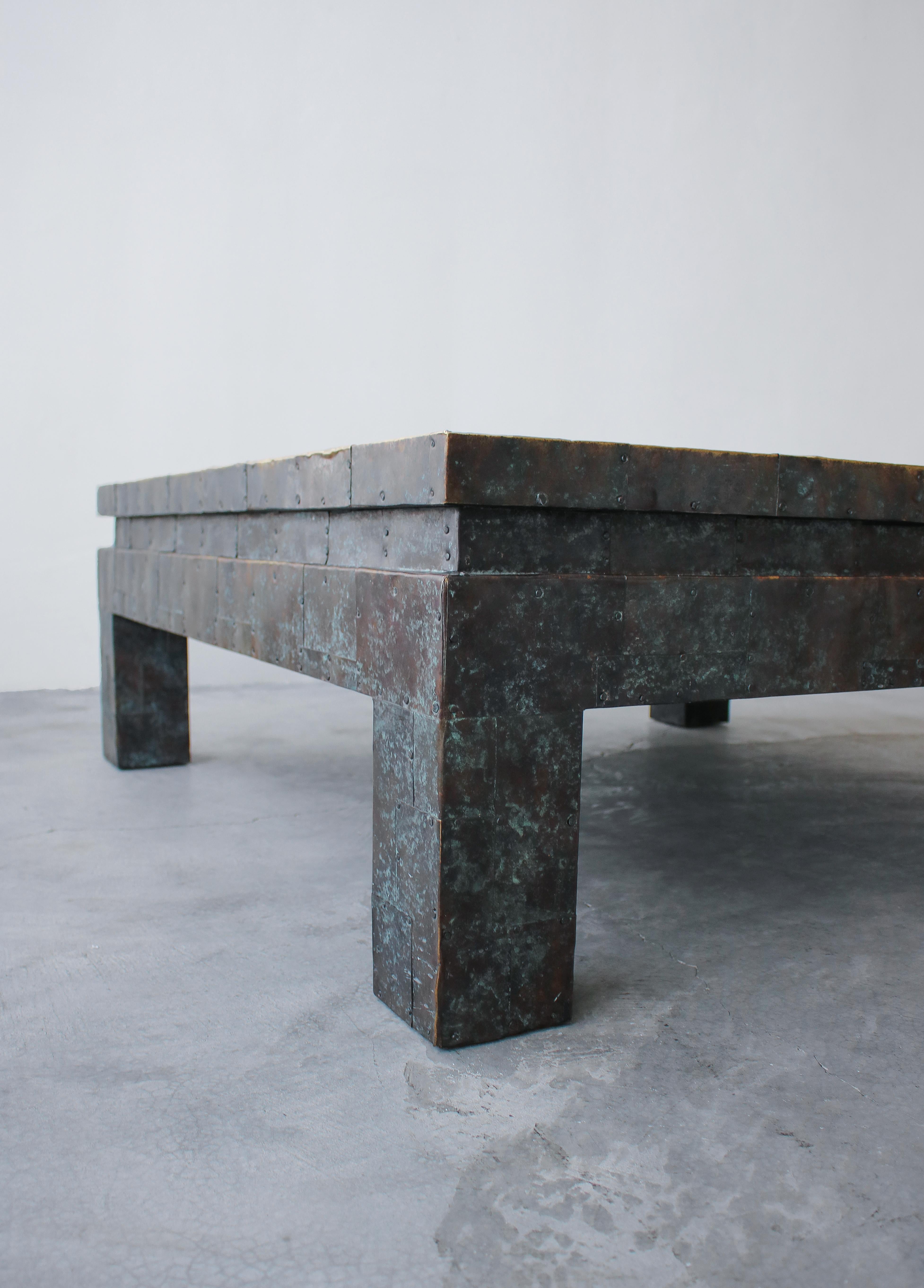 20th Century Monumental Square Brutalist Metal Patchwork Coffee Table