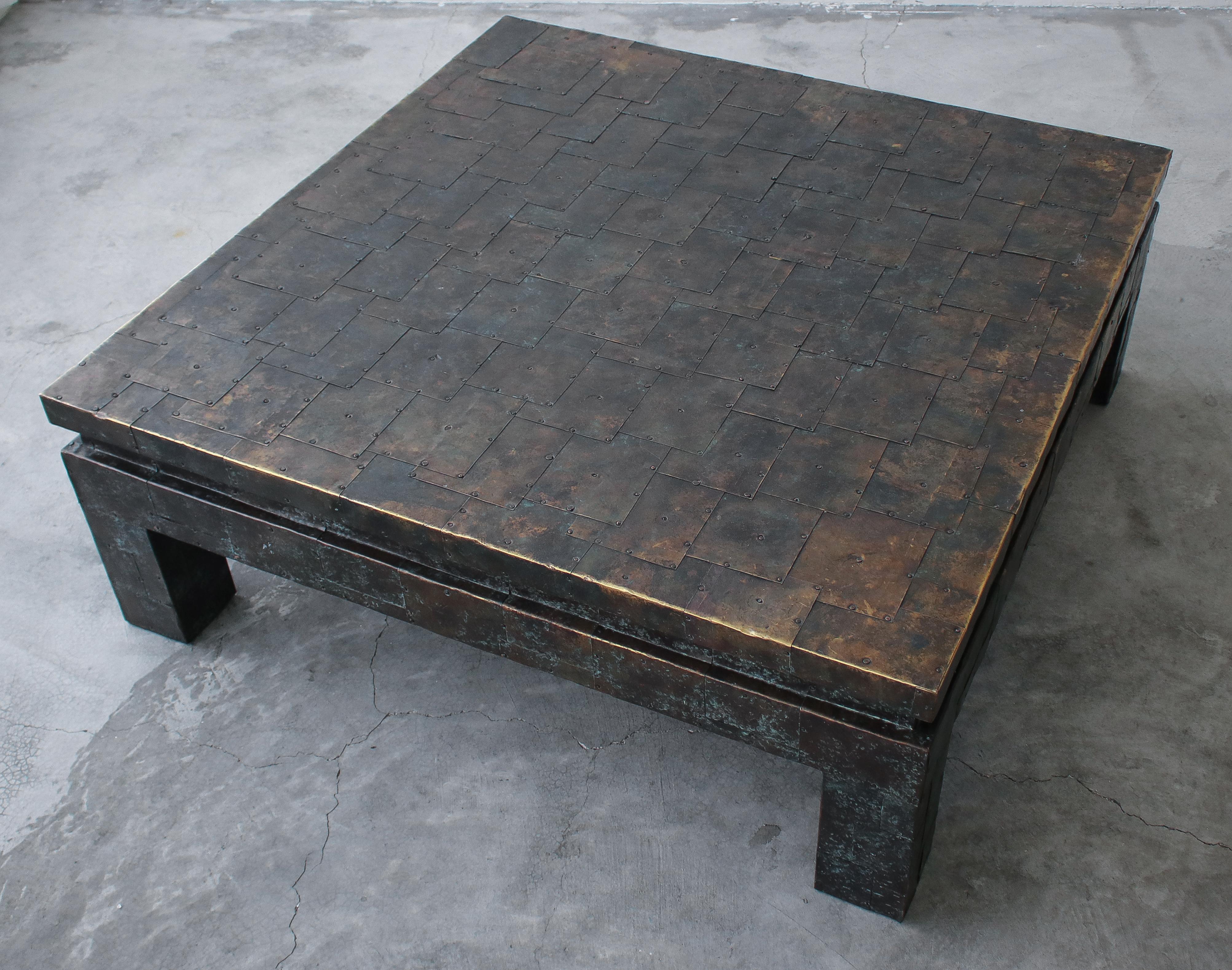 Copper Monumental Square Brutalist Metal Patchwork Coffee Table