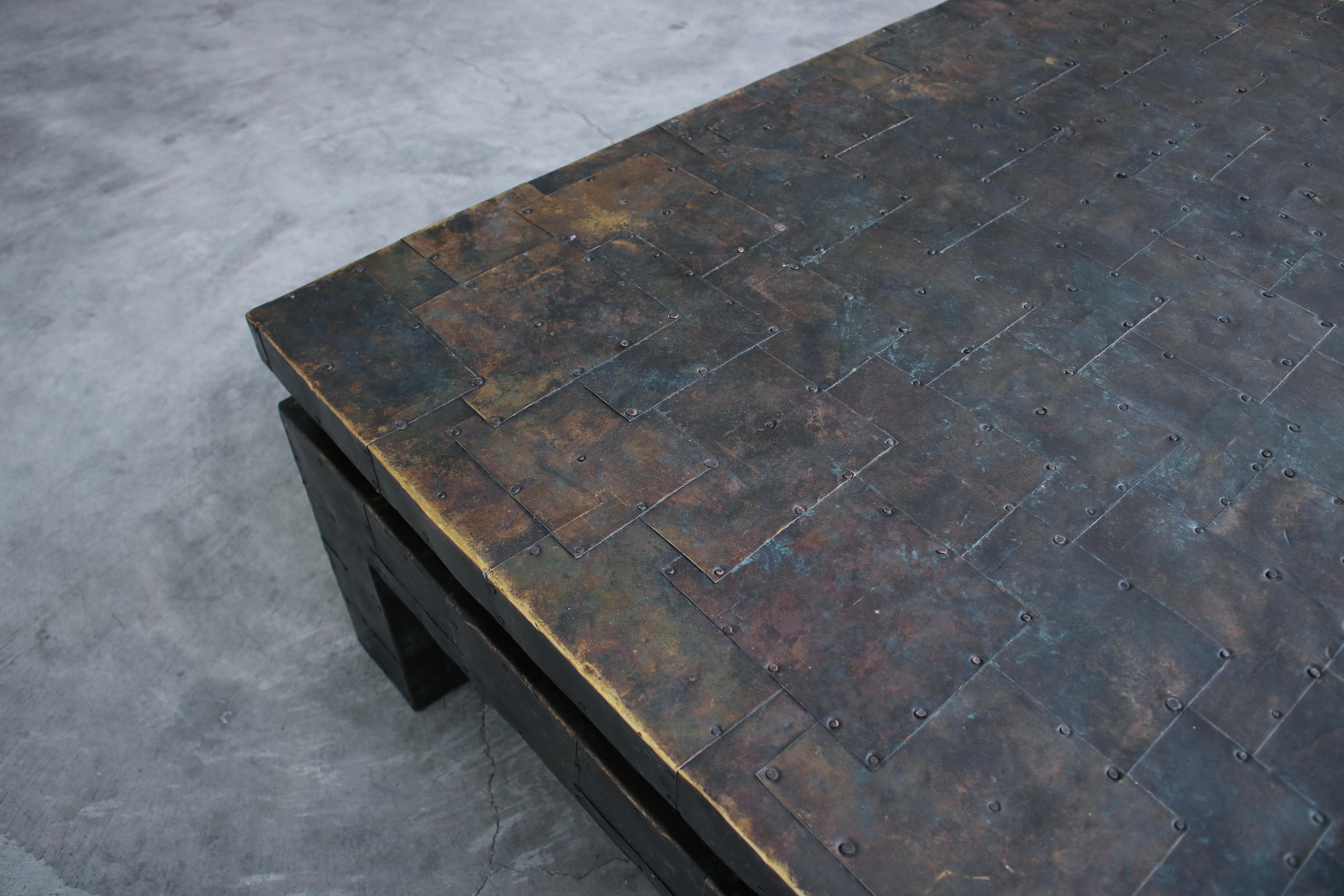 Monumental Square Brutalist Metal Patchwork Coffee Table 1