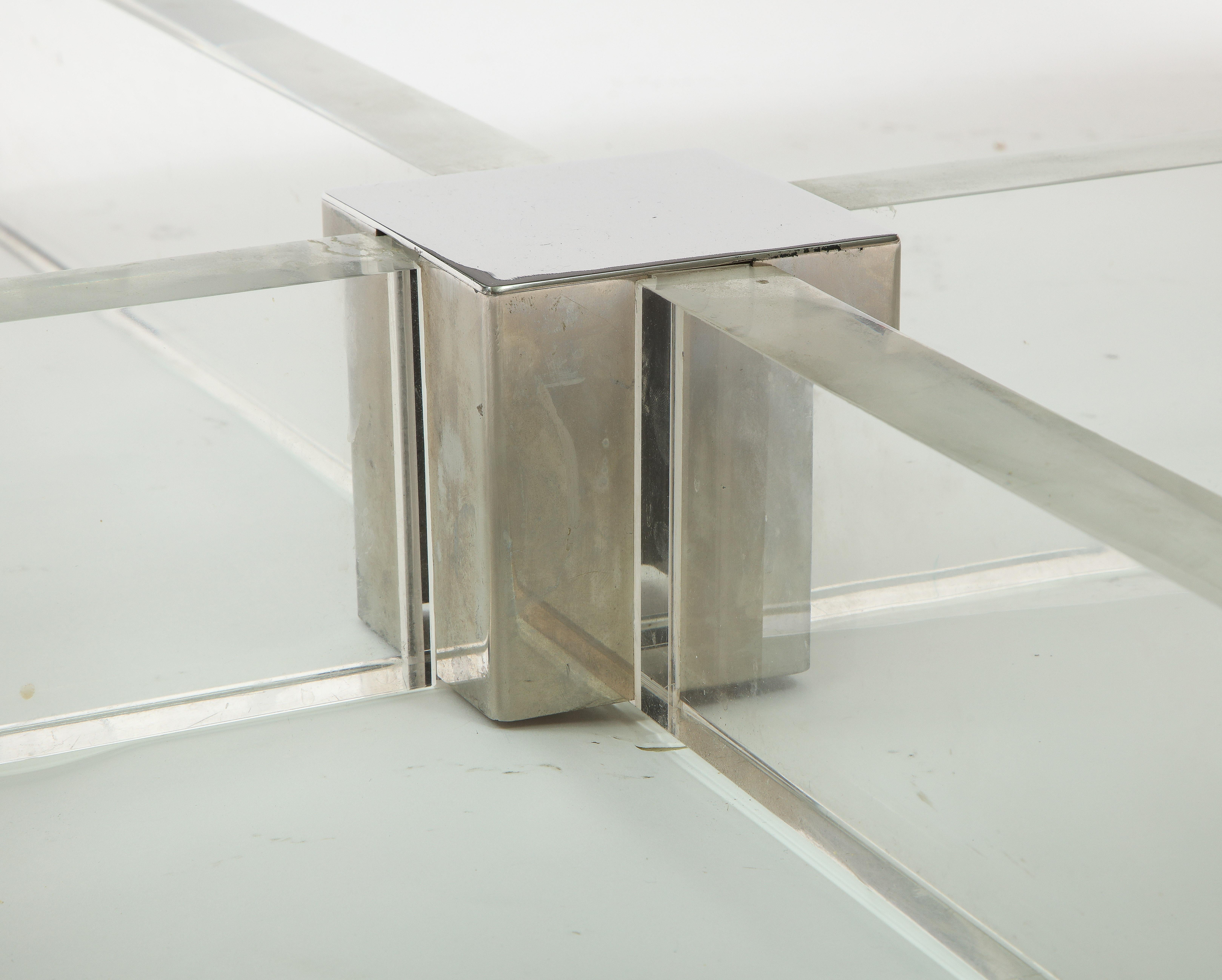 Monumental Square Coffee Table, Chrome, Brass and Plexiglass, 1970s, Italy For Sale 1