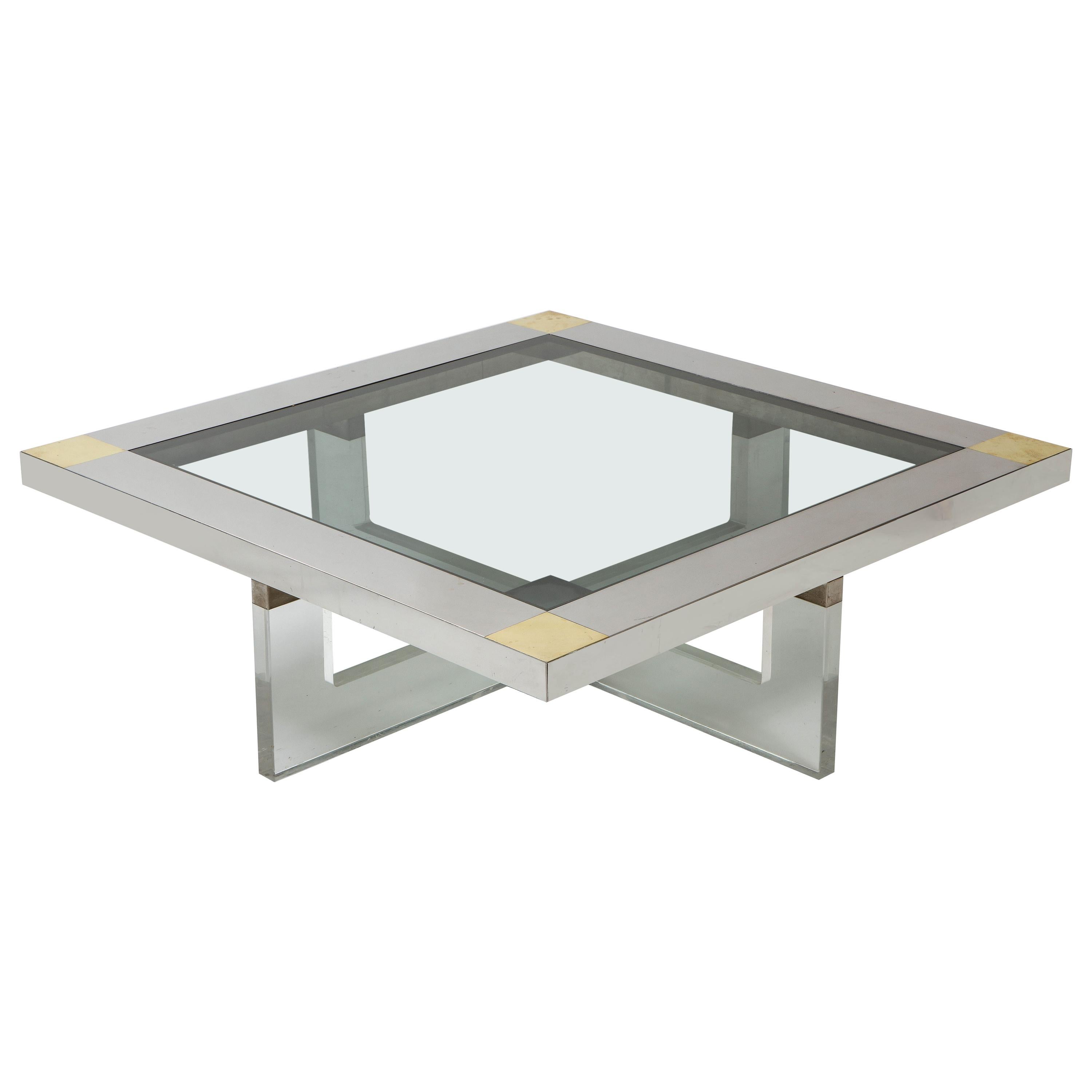 Italian Monumental Square Coffee Table, Chrome, Brass and Plexiglass, 1970s, Italy For Sale