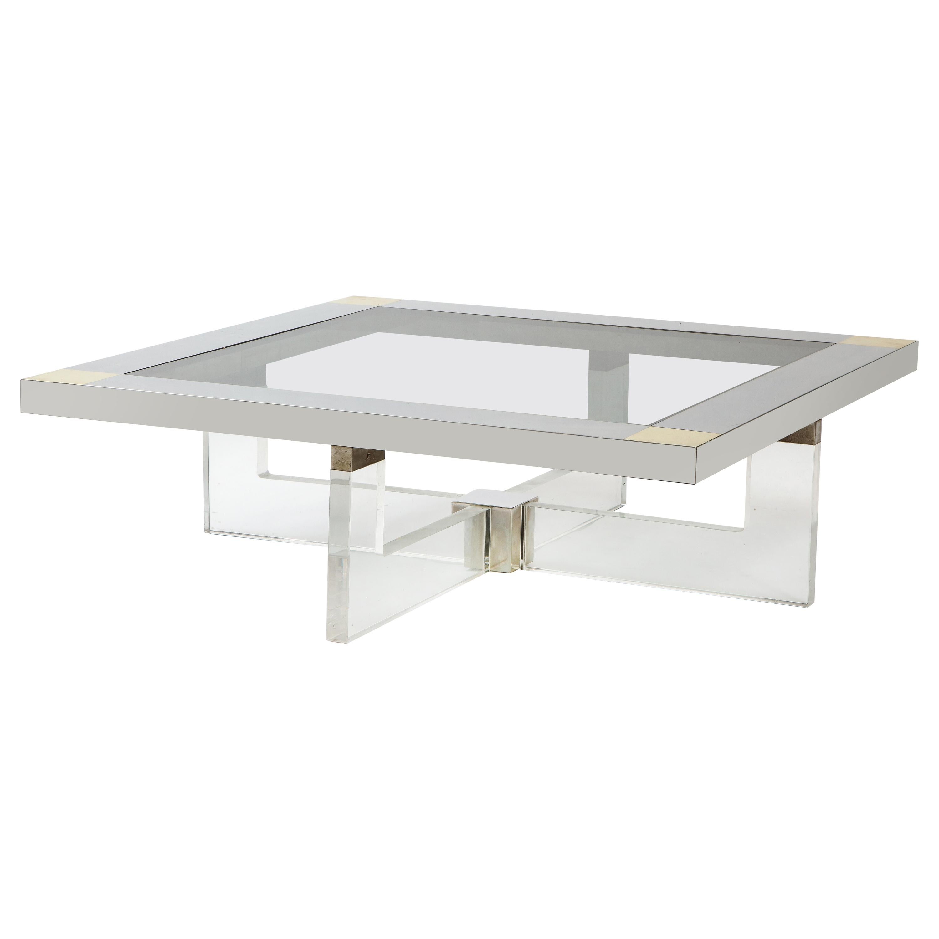 Monumentaler quadratischer Couchtisch aus Chrom, Messing und Plexiglas, 1970er Jahre, Italien (Italienisch) im Angebot
