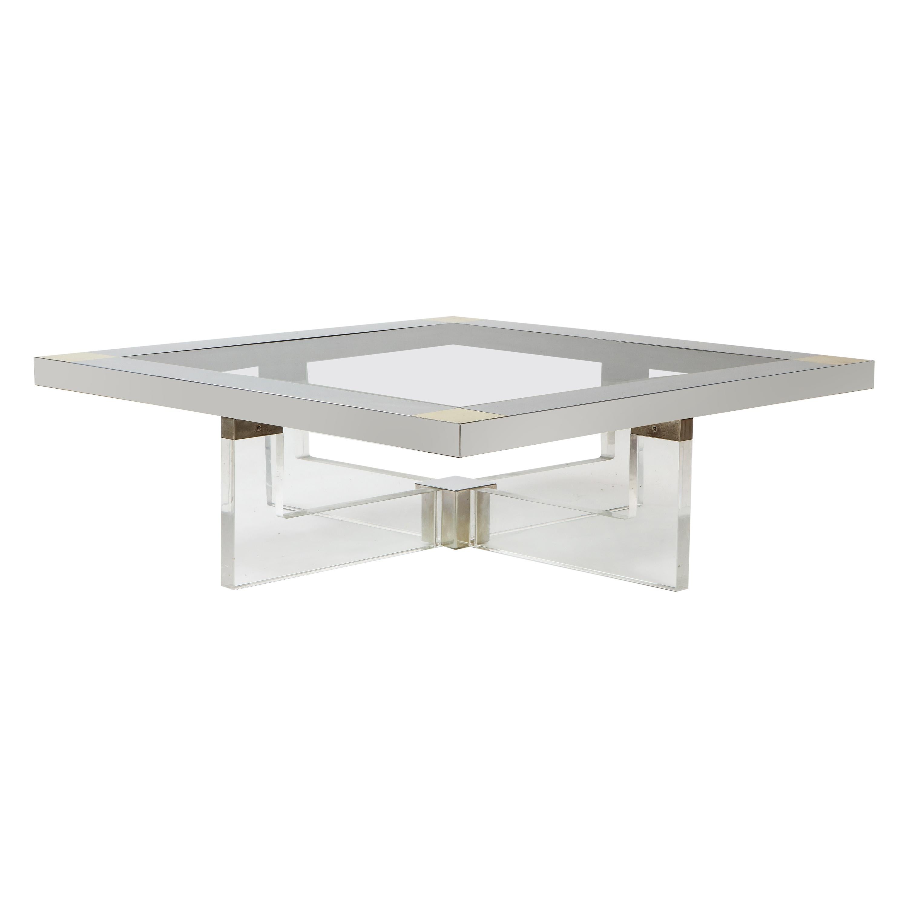 Monumentaler quadratischer Couchtisch aus Chrom, Messing und Plexiglas, 1970er Jahre, Italien (Moderne der Mitte des Jahrhunderts) im Angebot