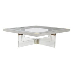 Used Monumental Square Coffee Table, Chrome, Brass and Plexiglass, 1970s, Italy