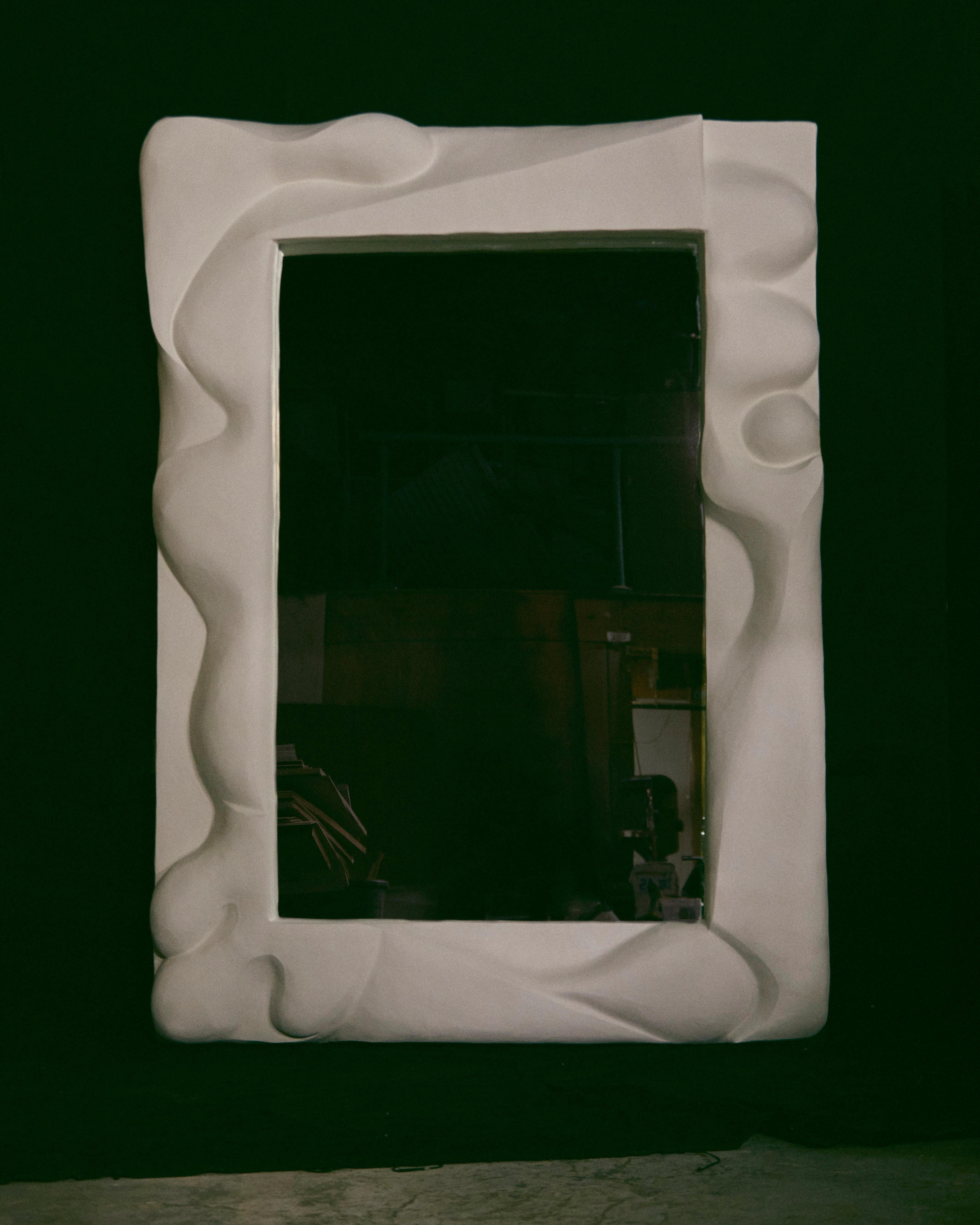 Hand-Carved Monumental Standing/Wall Mirror with Hand-Sculpted Biomorphic Plasterwork Frame