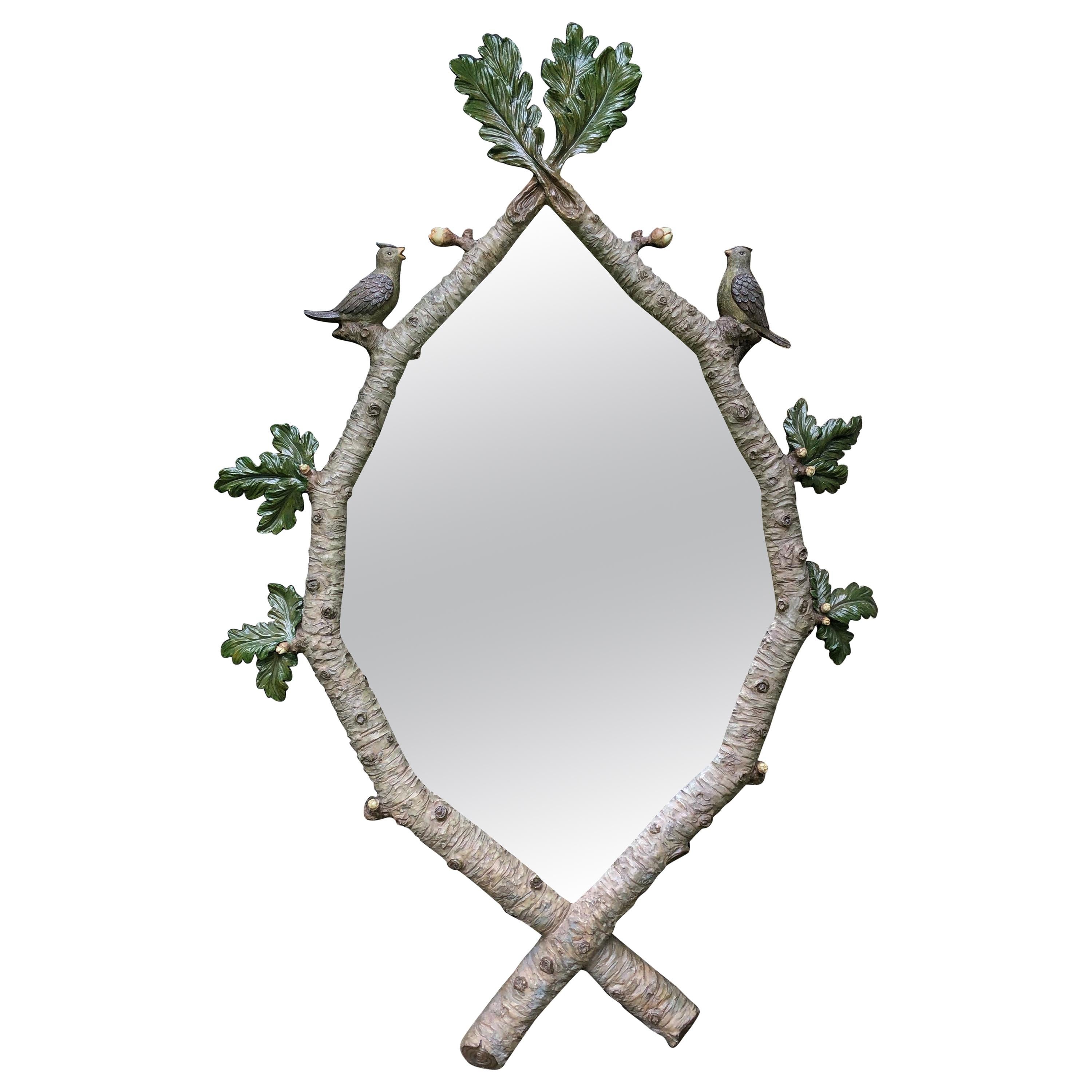 Monumental Statement Piece Magical Faux Bois Mirror with Birds & Leaves