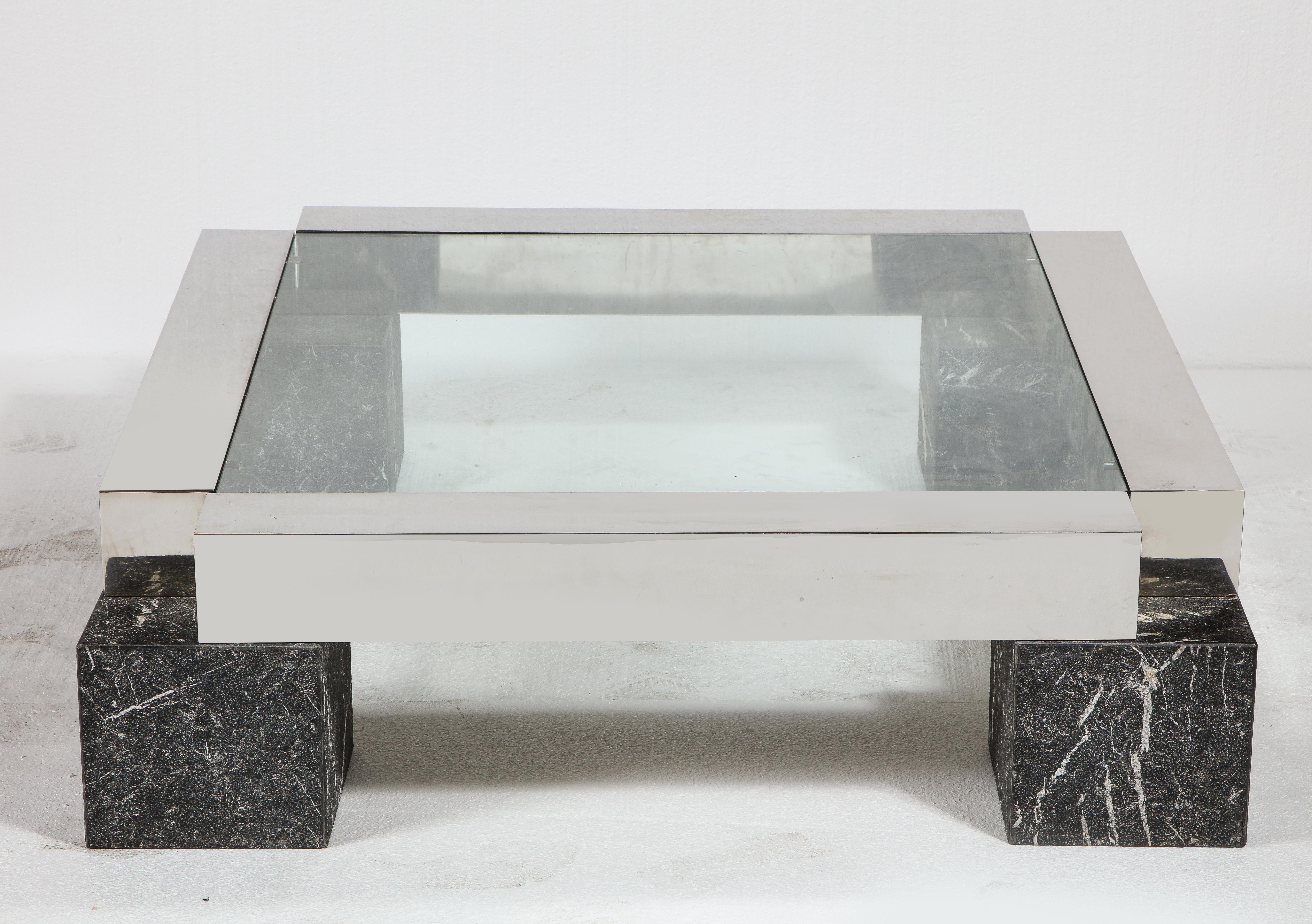 Vintage monumental steel marble black square coffee table, France.

Chic black marble/granite and steel glass coffee table, chic in any modern decor. Large size. This table is thought to be made circa 1970s-1980s.