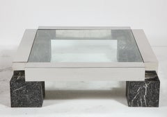 Vintage Monumental Steel Marble Block Black Square Coffee Table, France, 1980's