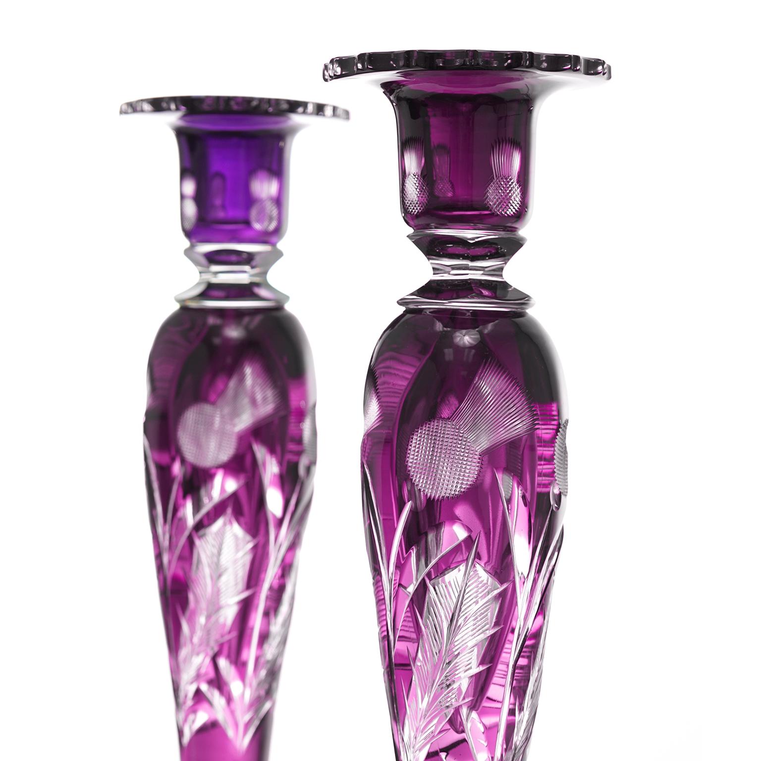 purple glass candlesticks