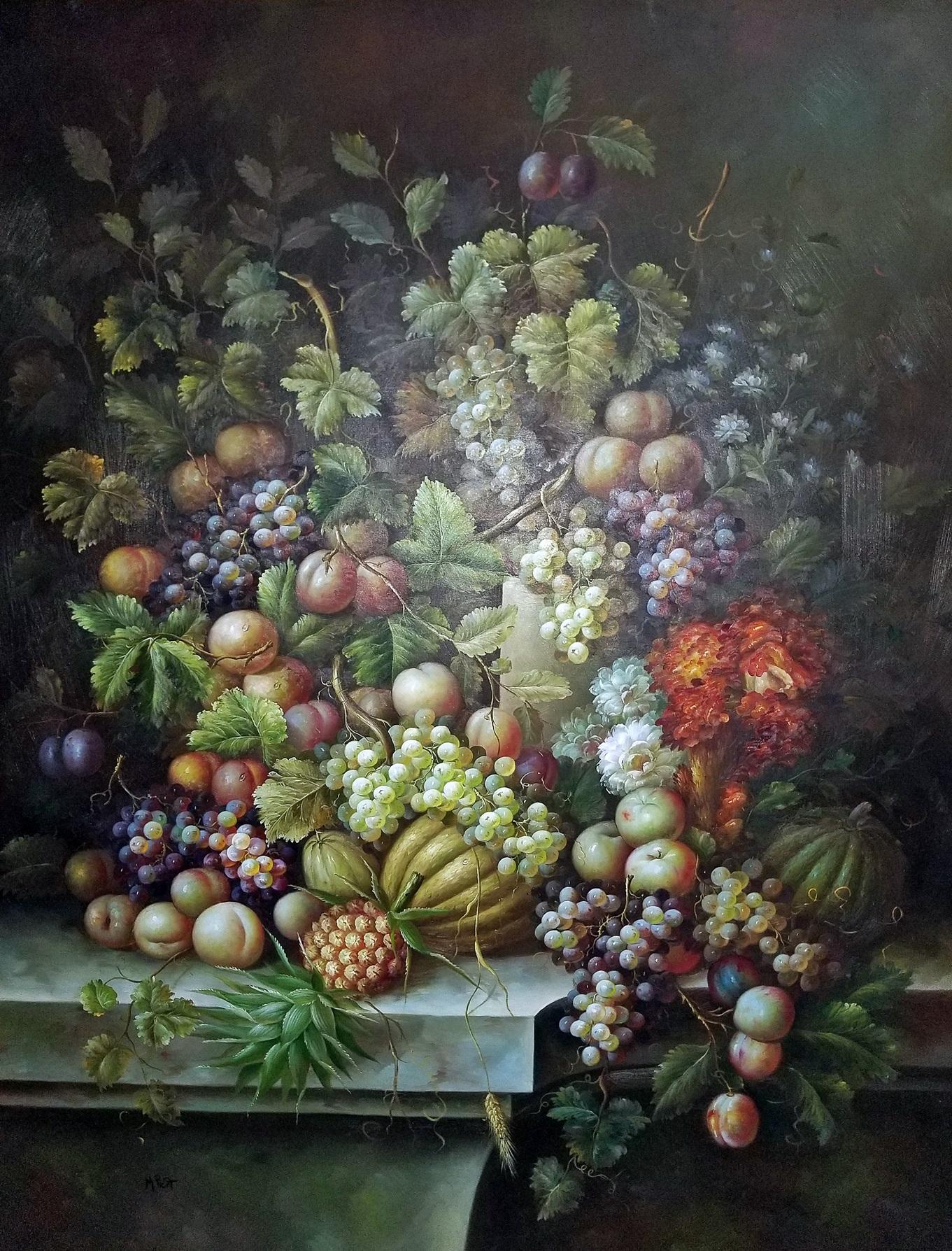 Peint à la main Nature morte monumentale à l'huile sur toile de fruits par M. Picot en vente