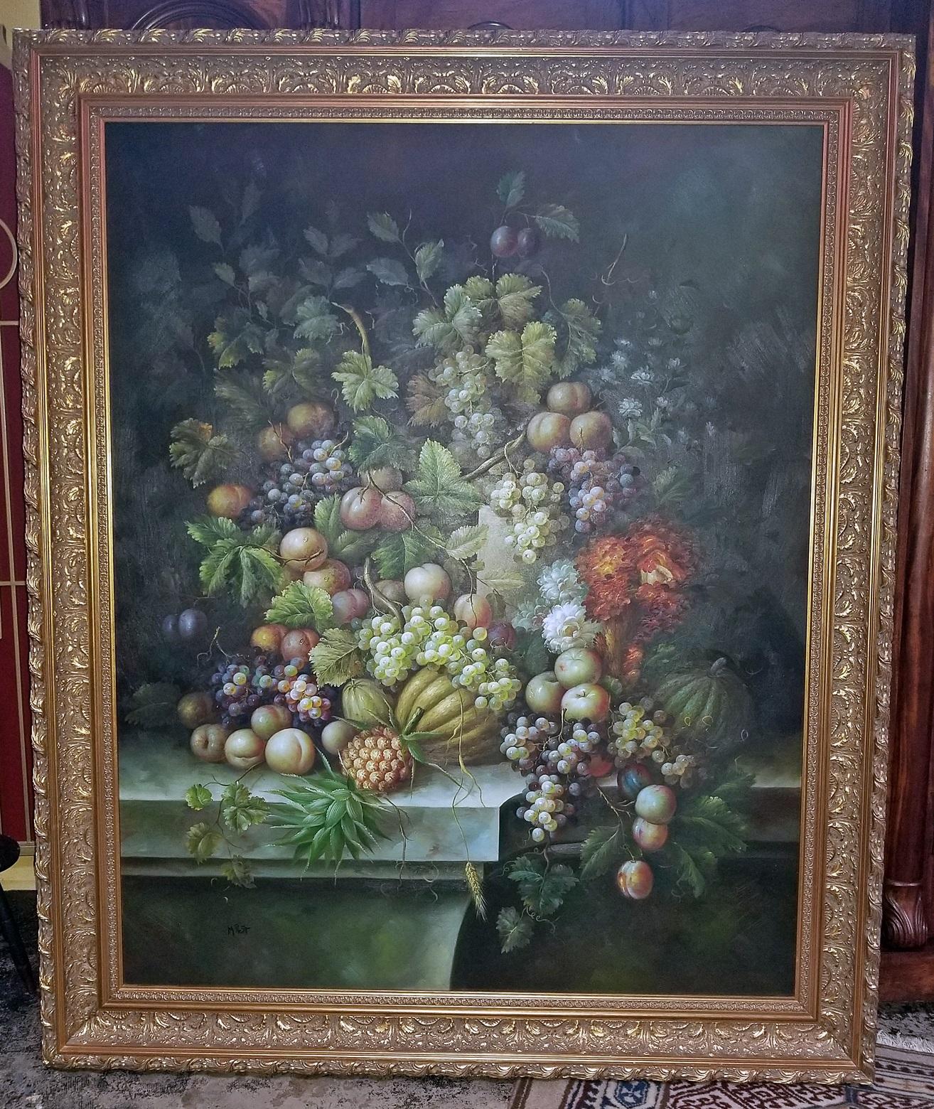 Neoclassical Revival Monumental Still Life Oil on Canvas of Fruit by M. Picot For Sale