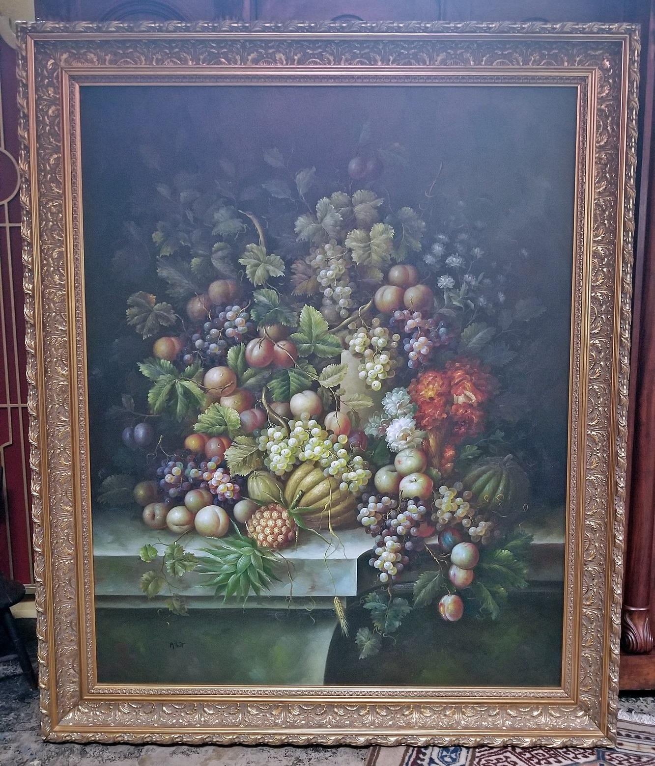 French Monumental Still Life Oil on Canvas of Fruit by M. Picot For Sale